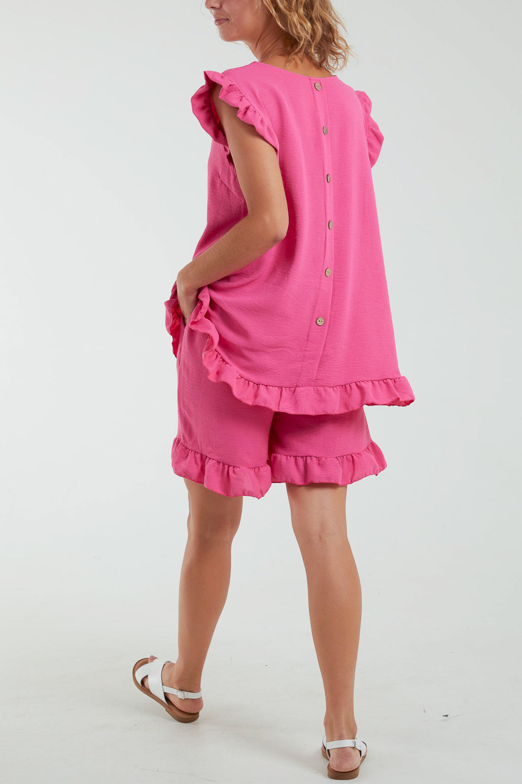 Frill Sleeve Back Button Top & Shorts Co-Ord Set