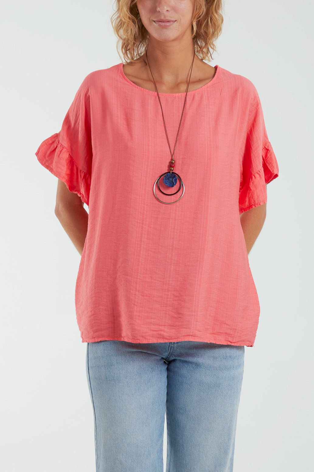 Frill Sleeve Crochet Back Criss-Cross Necklace Top