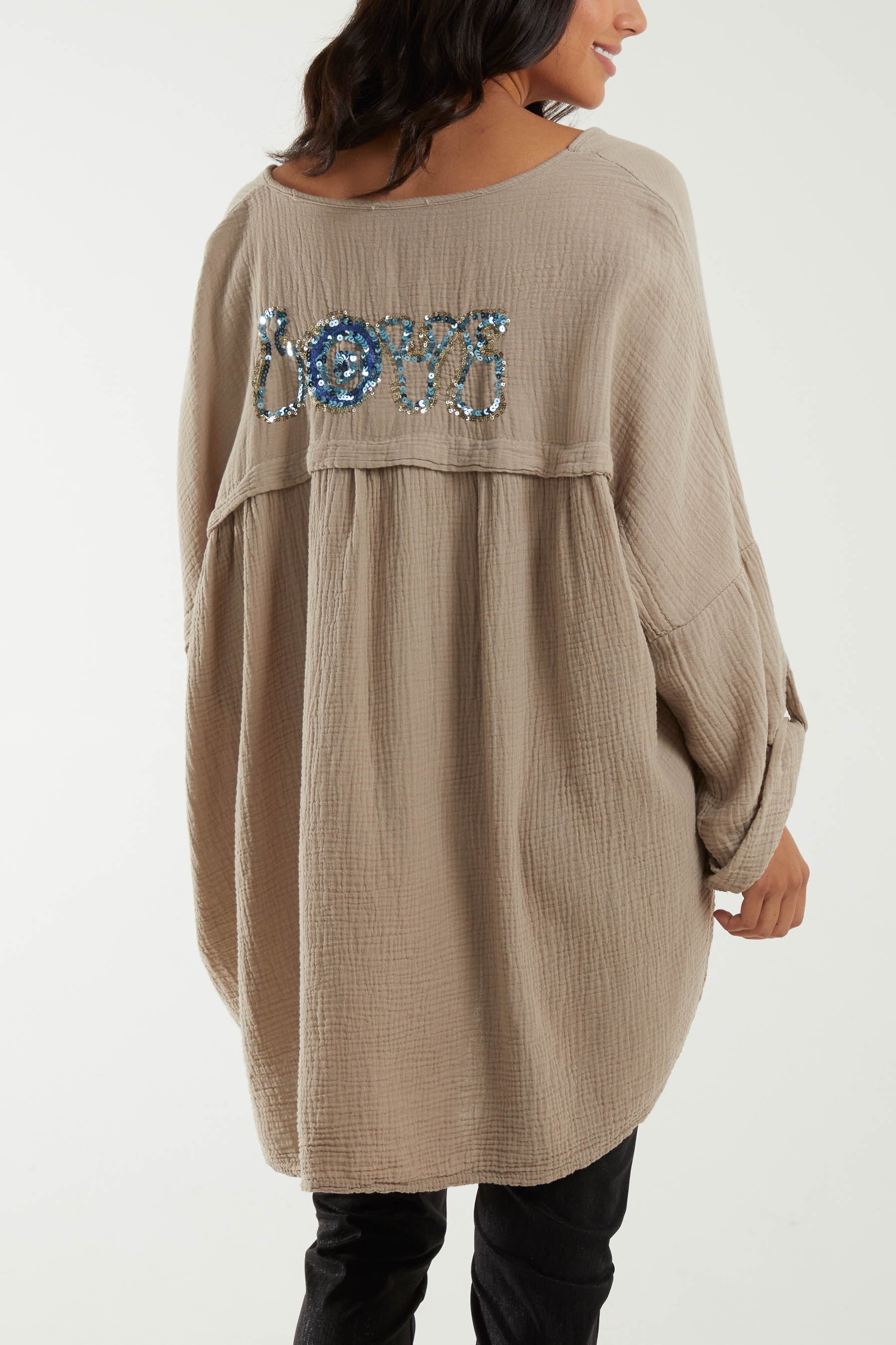 Oversized Cheesecloth Sequin "Love" Blouse