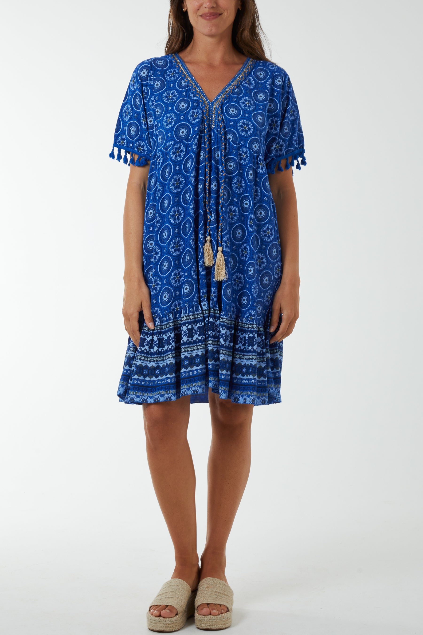 Geometric Print Dress with Tassels