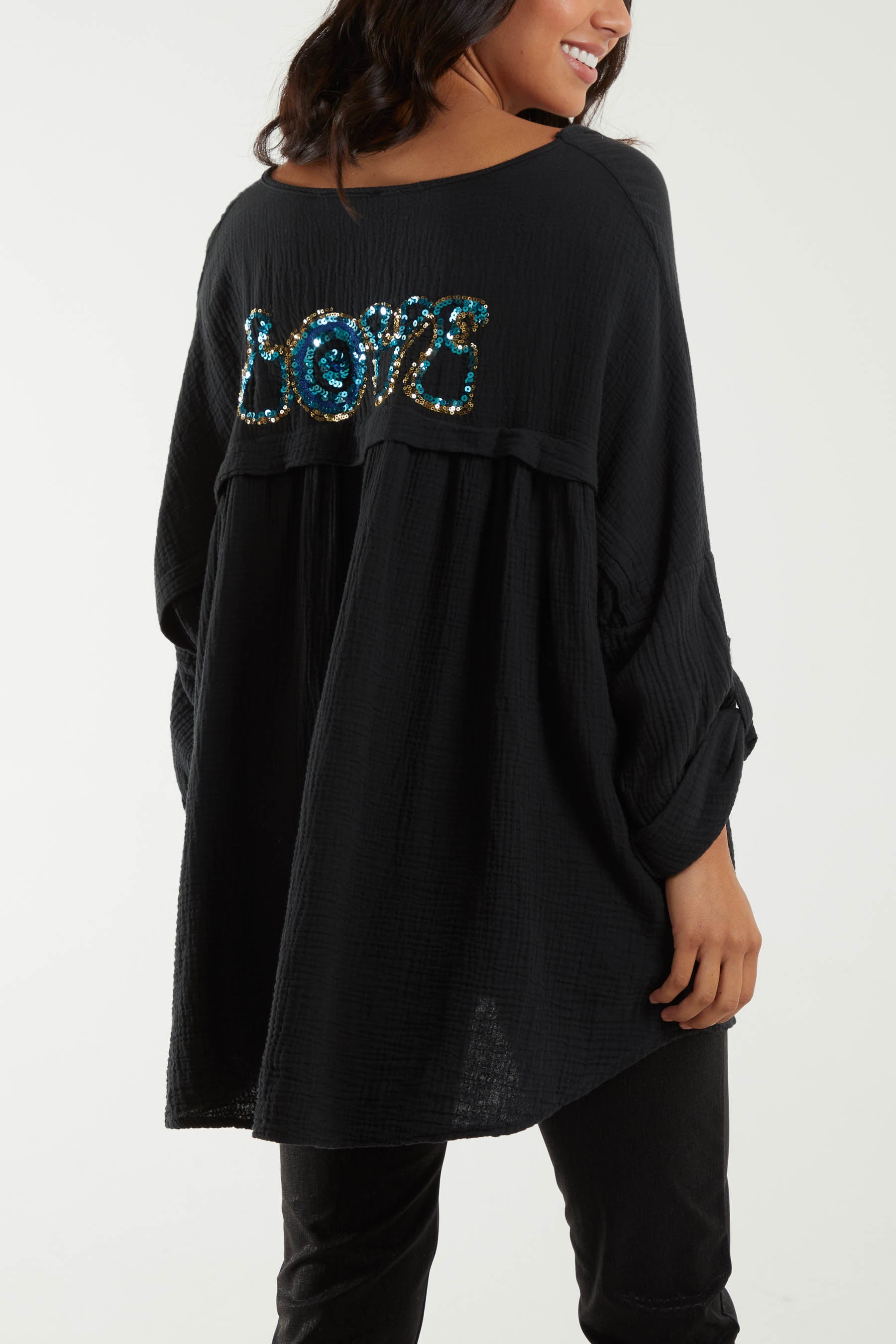 Oversized Cheesecloth Sequin "Love" Blouse