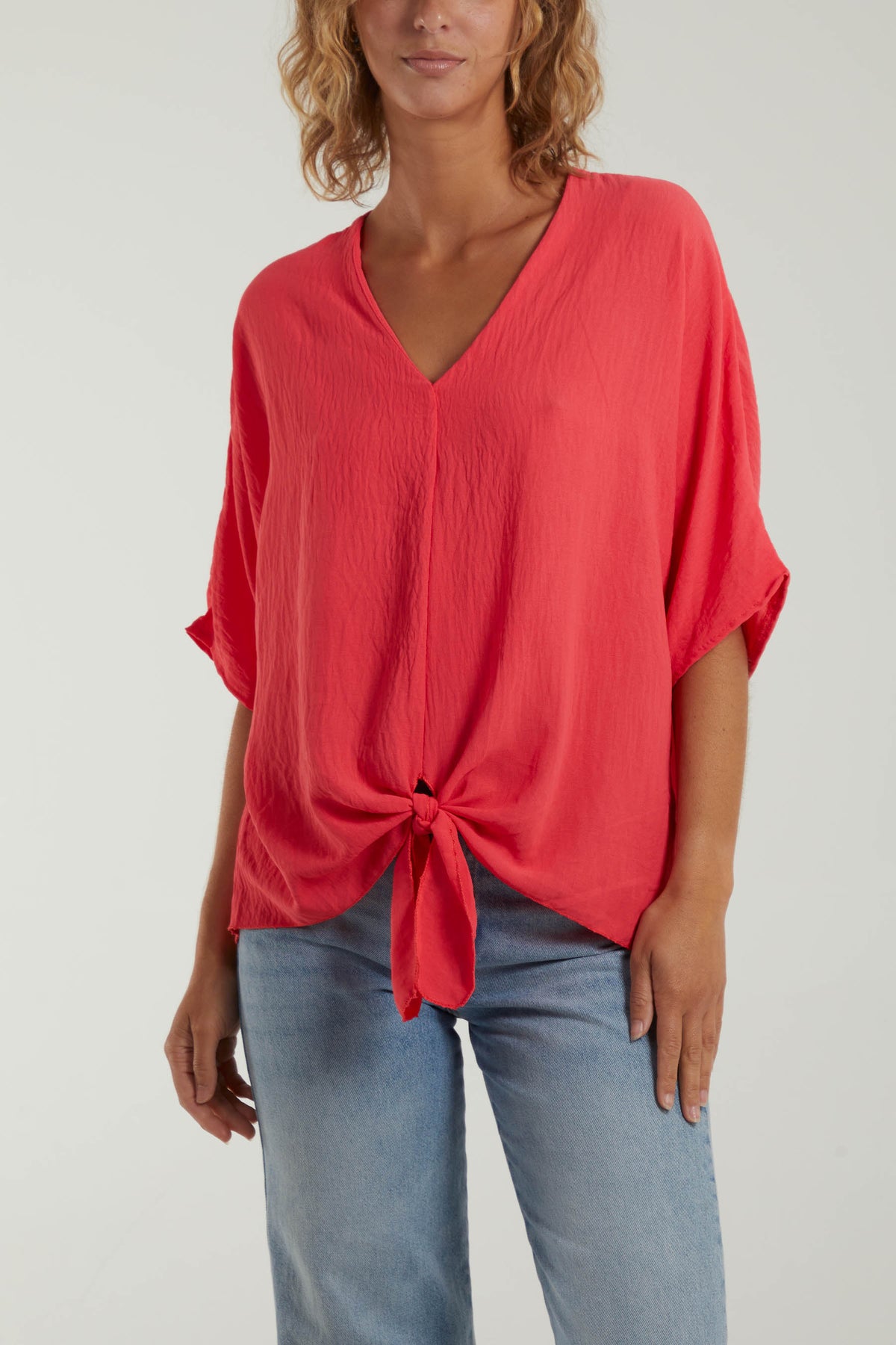 V-Neck Centre Front Tie Hem Blouse