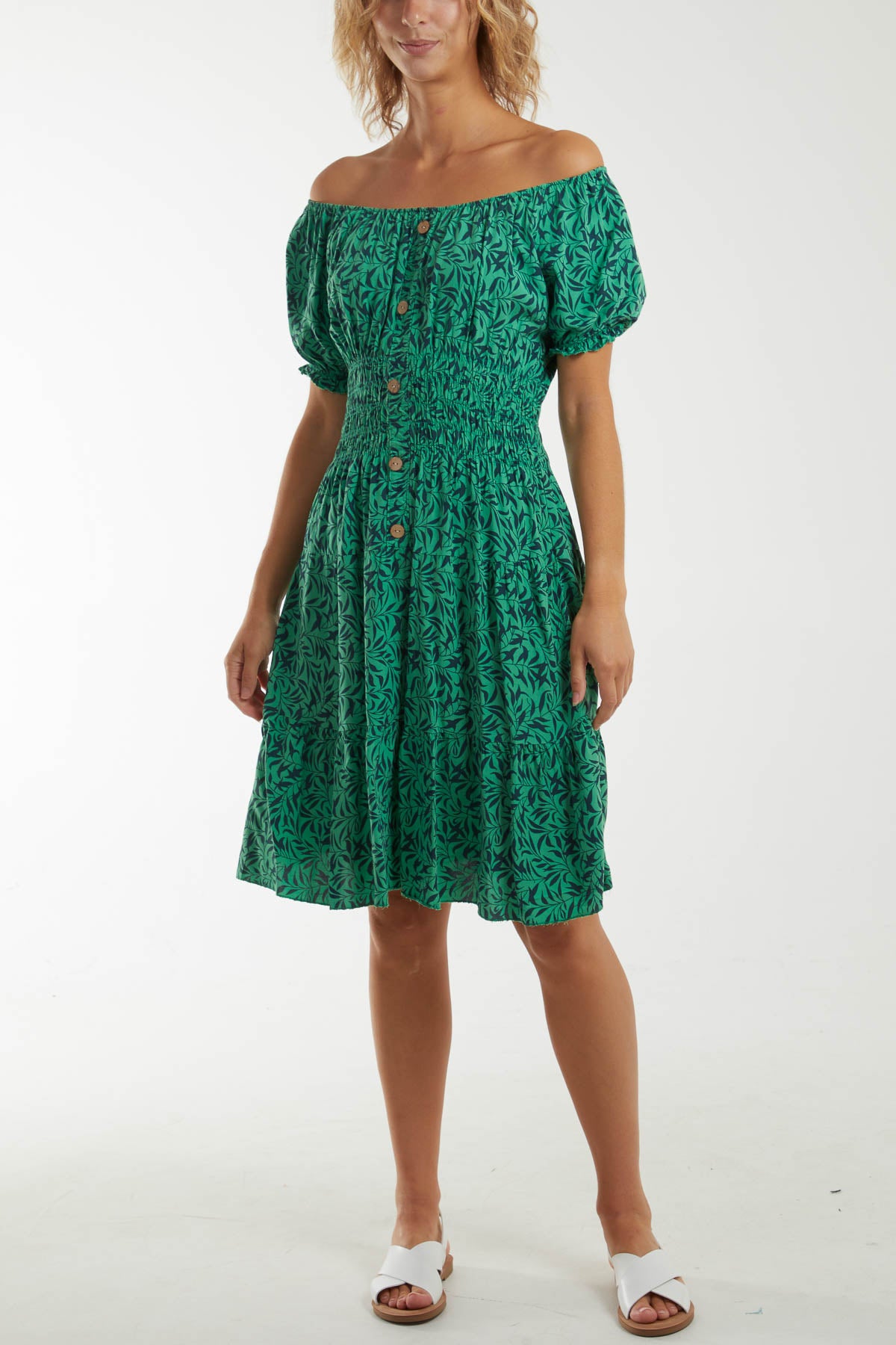 Leaf Print Puff Sleeve Shirred Waist Bardot Mini Dress