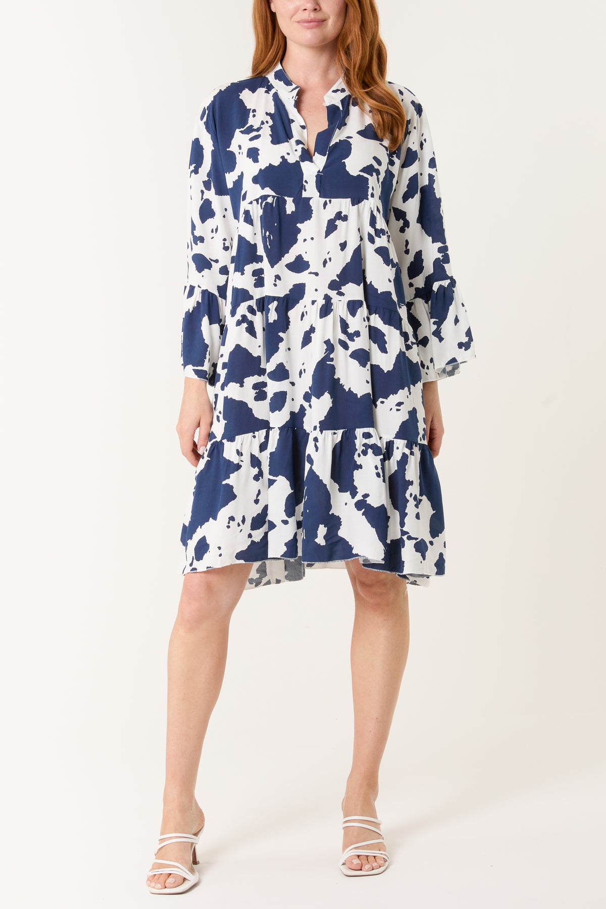 Cow Print Open Collar Tiered Dress