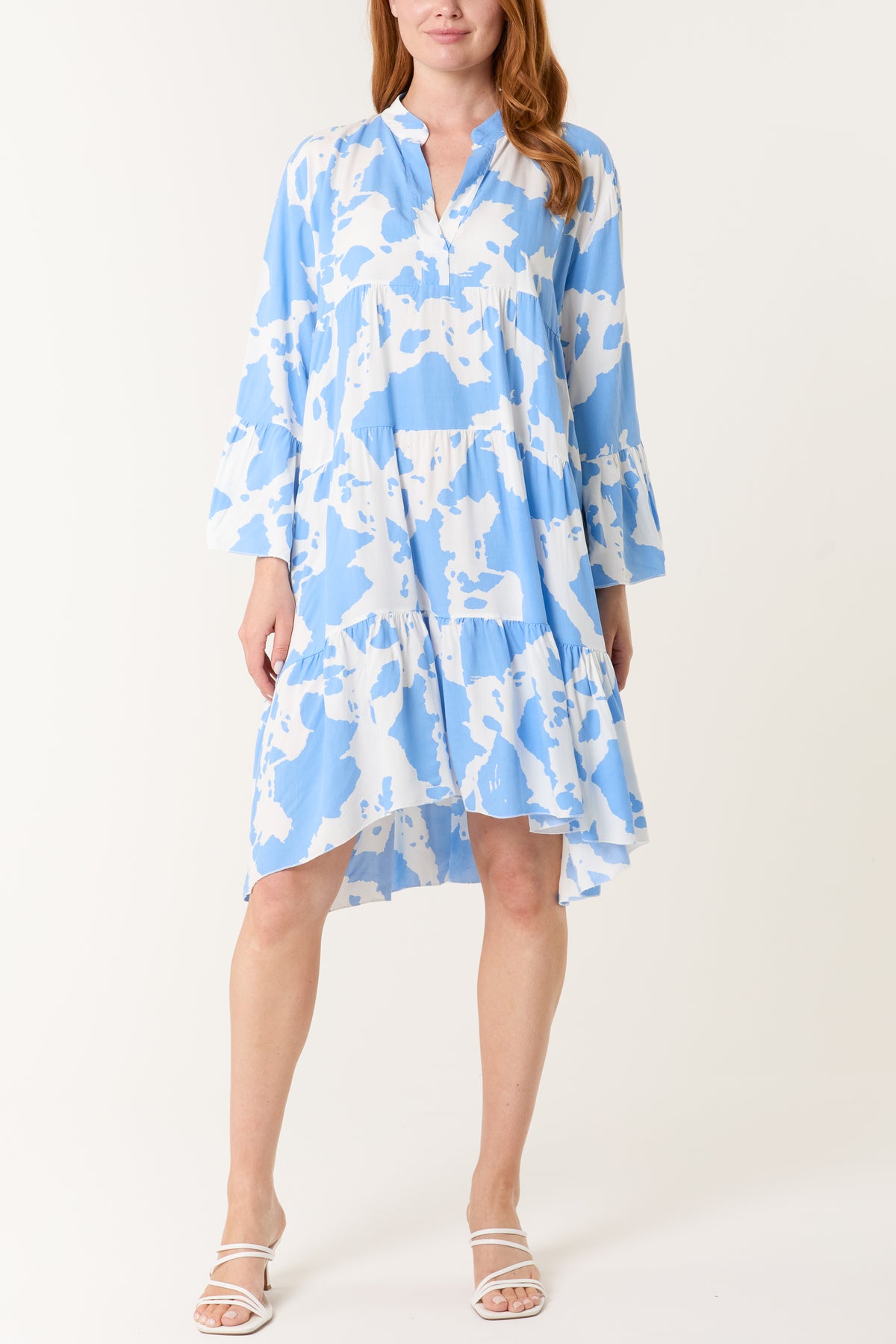Cow Print Open Collar Tiered Dress