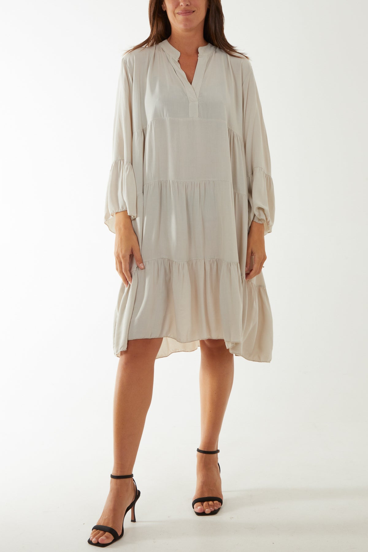 Open Collared Tiered Smock Dress