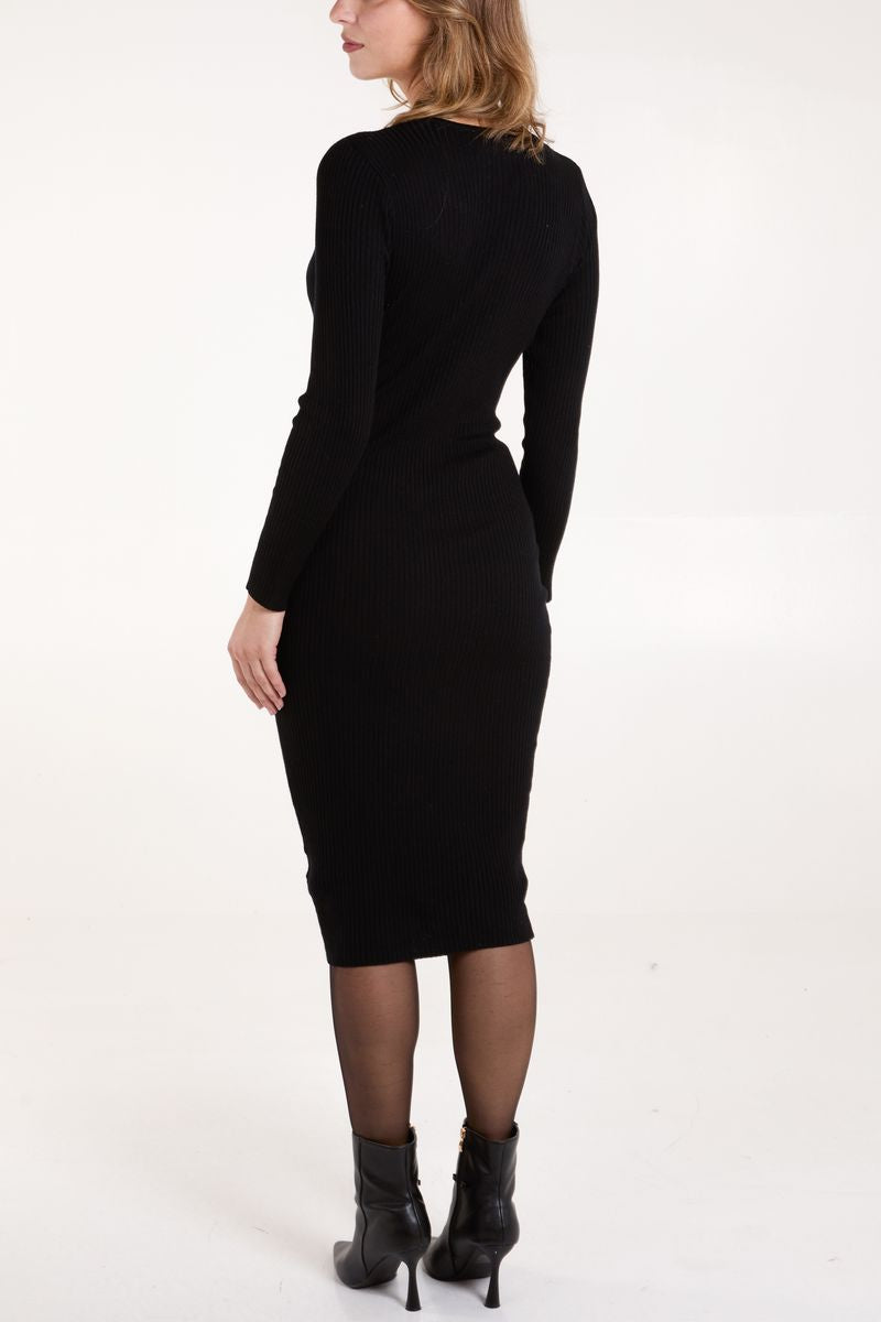 Keyhole Ribbed Knit Midi Dress
