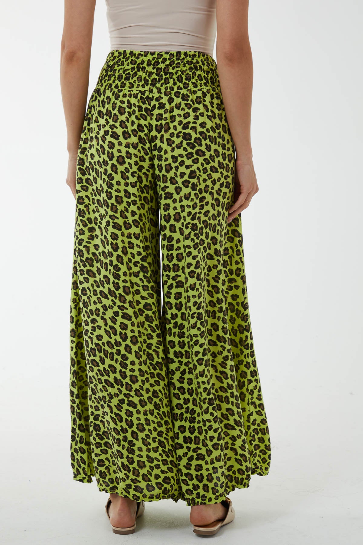 Leopard Print Ruched Waist Wide Leg Trousers