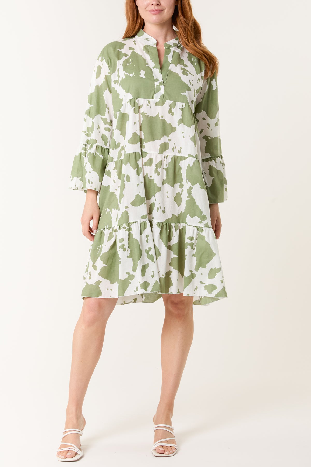Cow Print Open Collar Tiered Dress