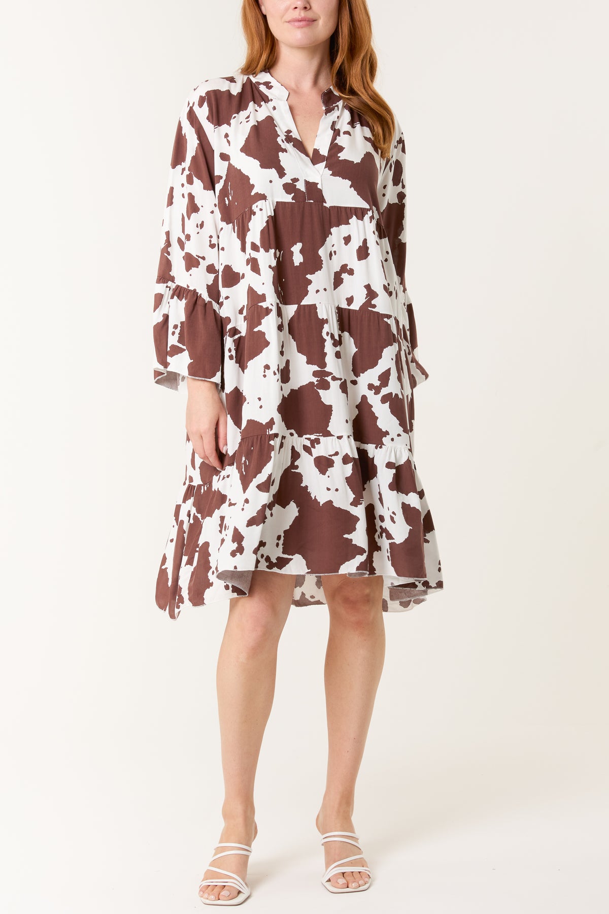 Cow Print Open Collar Tiered Dress