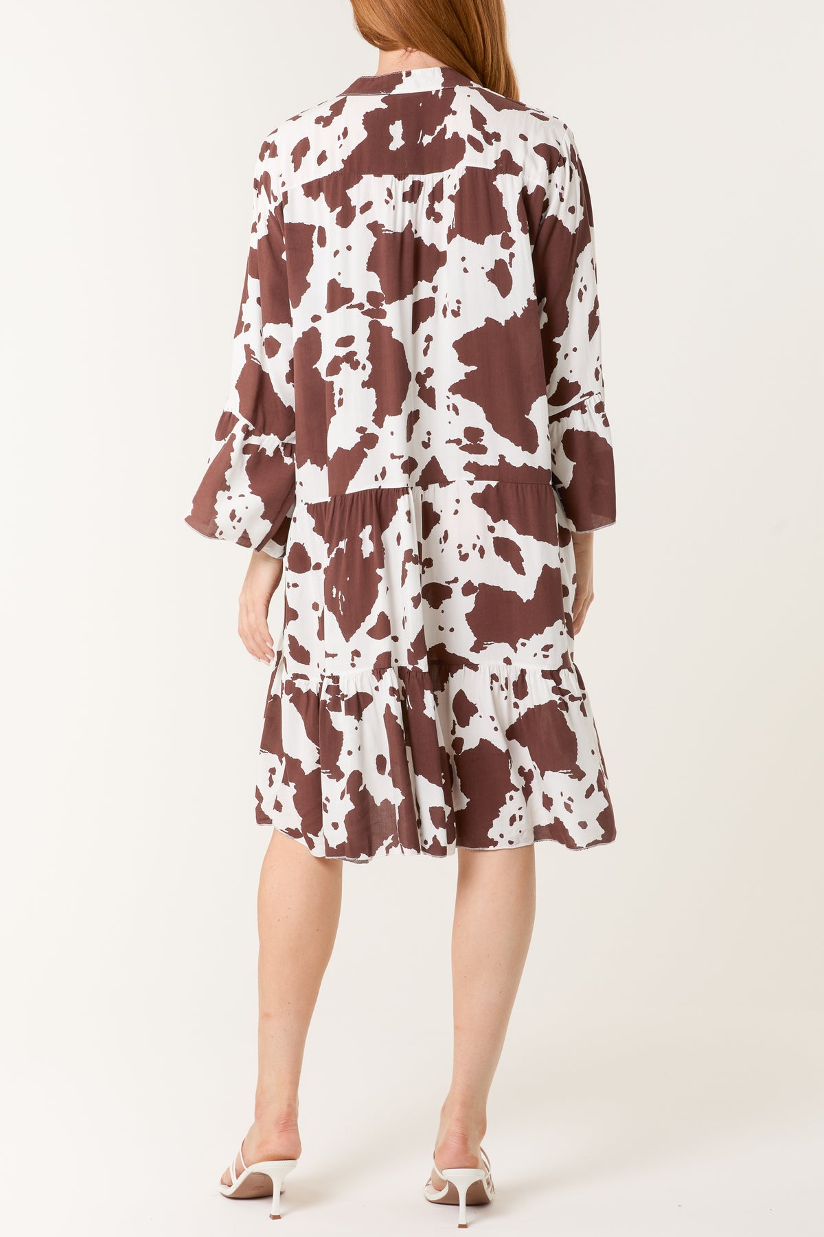 Cow Print Open Collar Tiered Dress