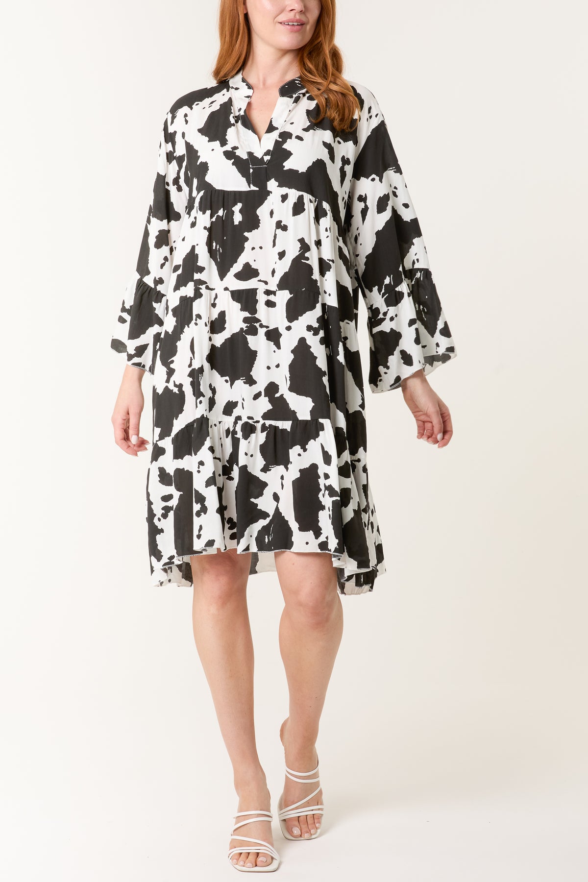 Cow Print Open Collar Tiered Dress