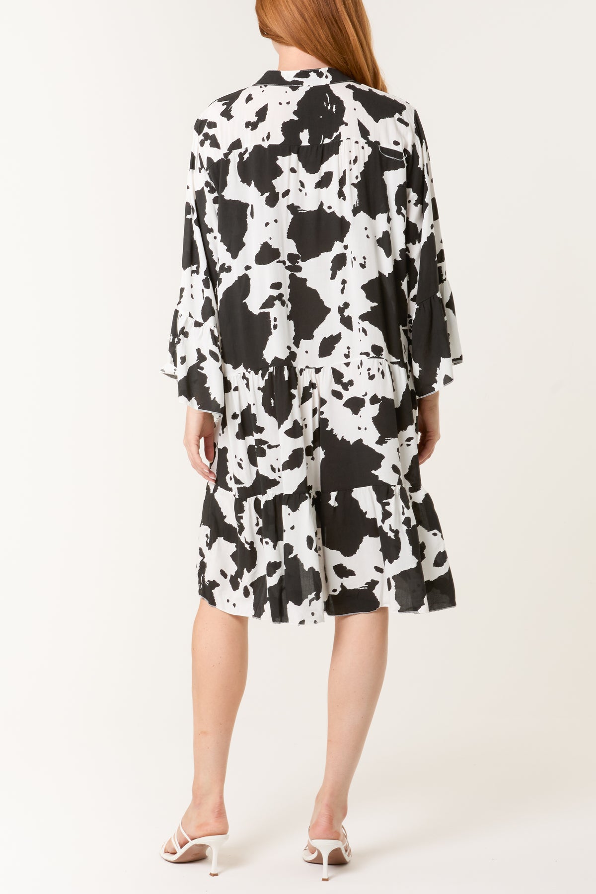 Cow Print Open Collar Tiered Dress