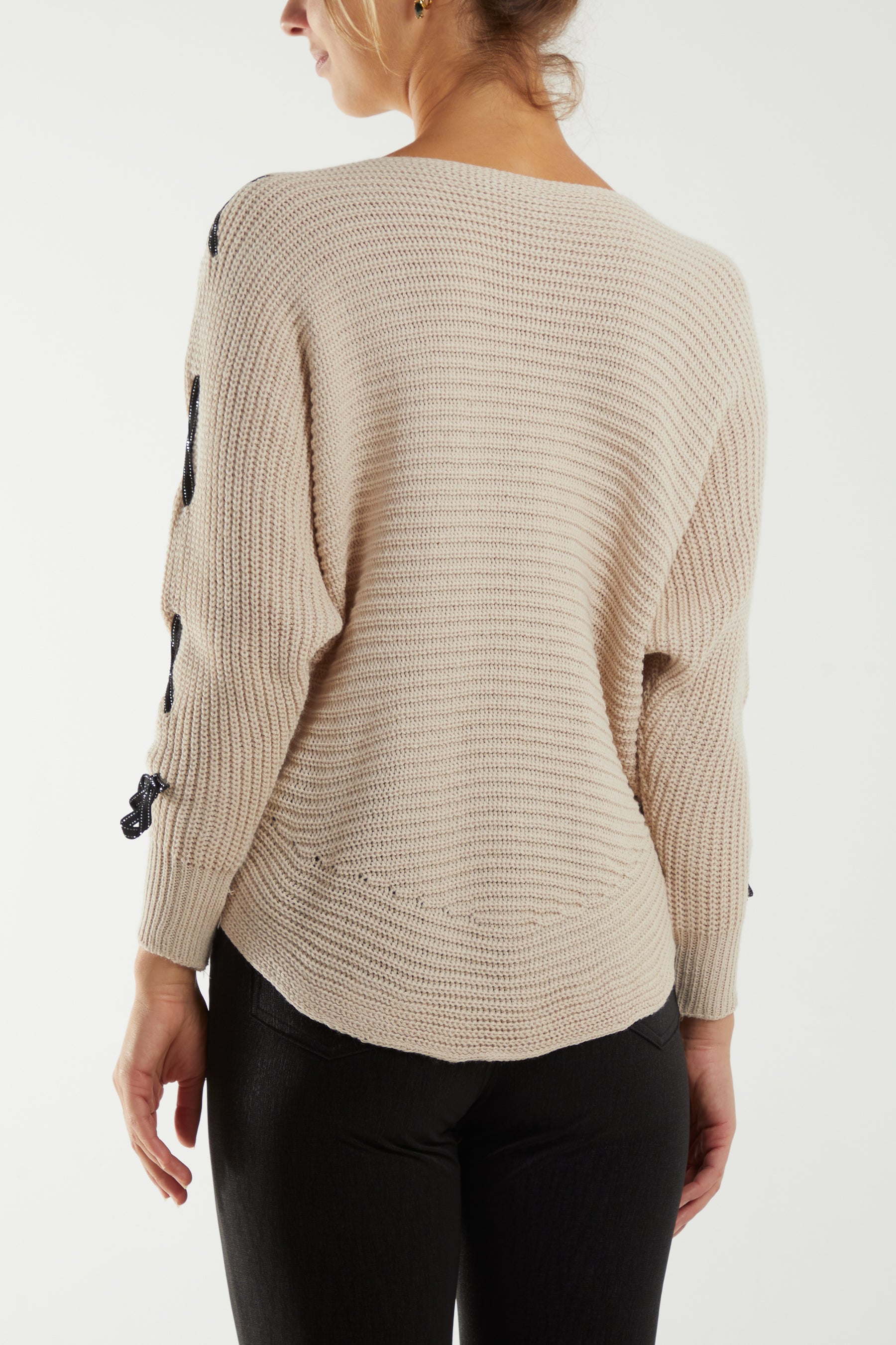 Slash Neck Ribbon Sleeve Detail Jumper