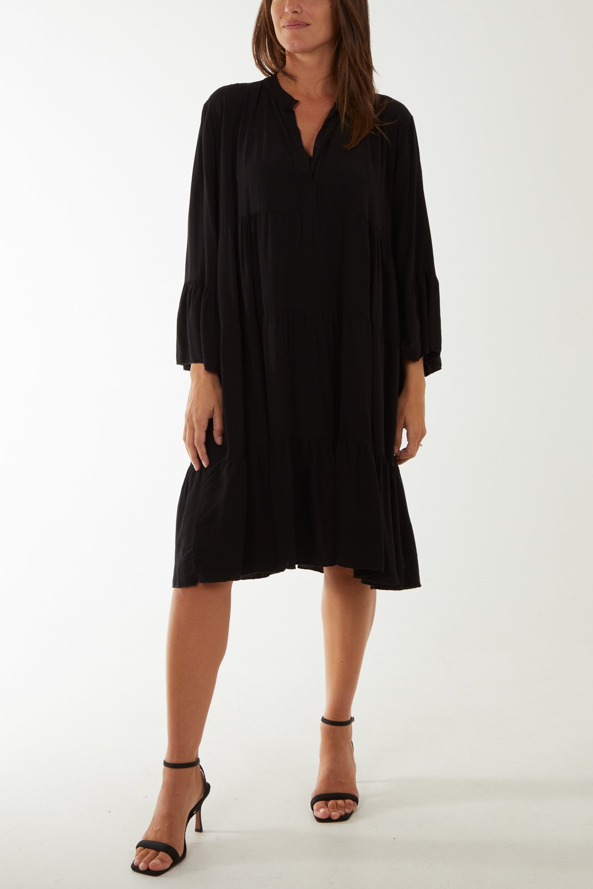 Open Collared Tiered Smock Dress