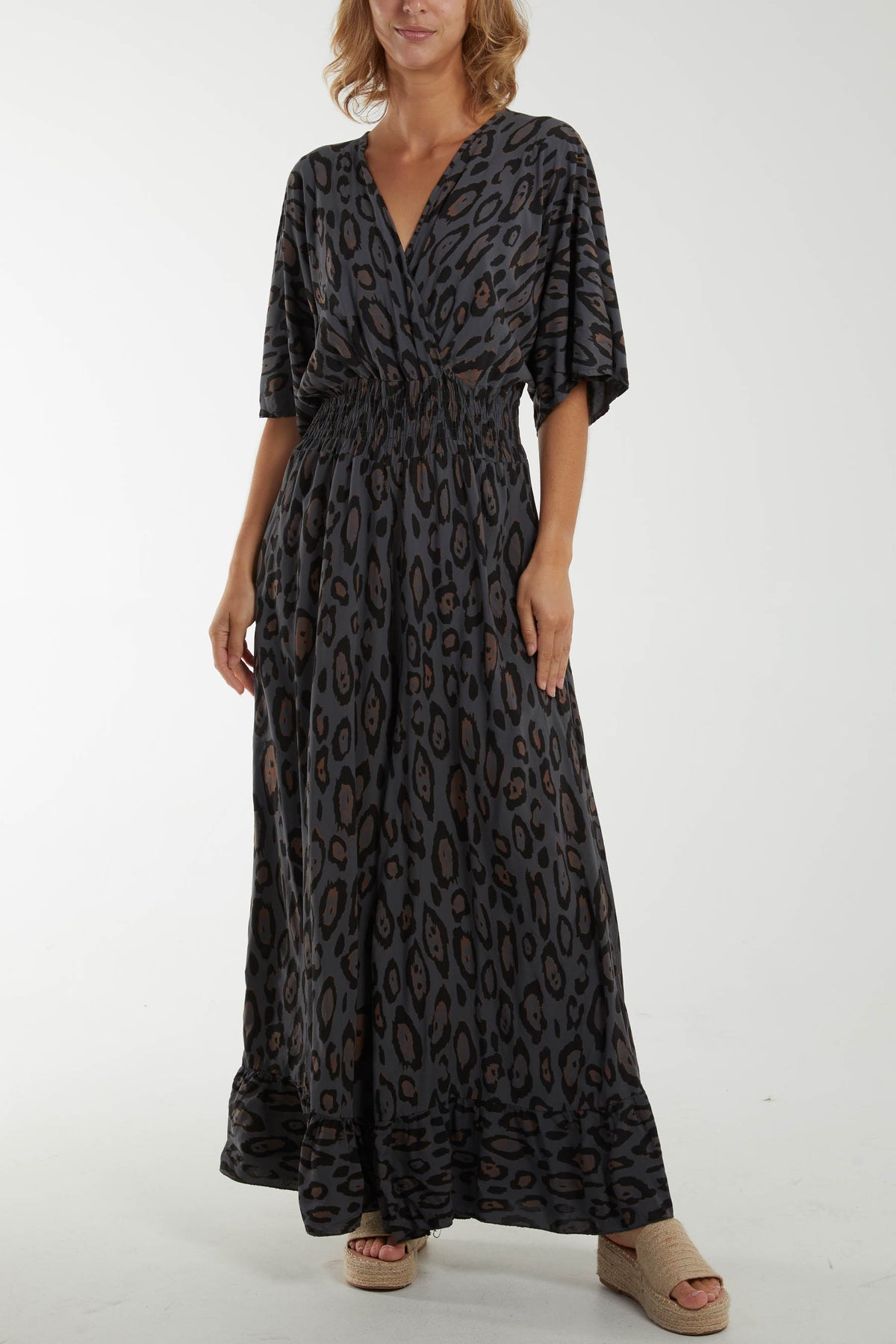 Leopard Wrap Front Shirred Bodice Jumpsuit