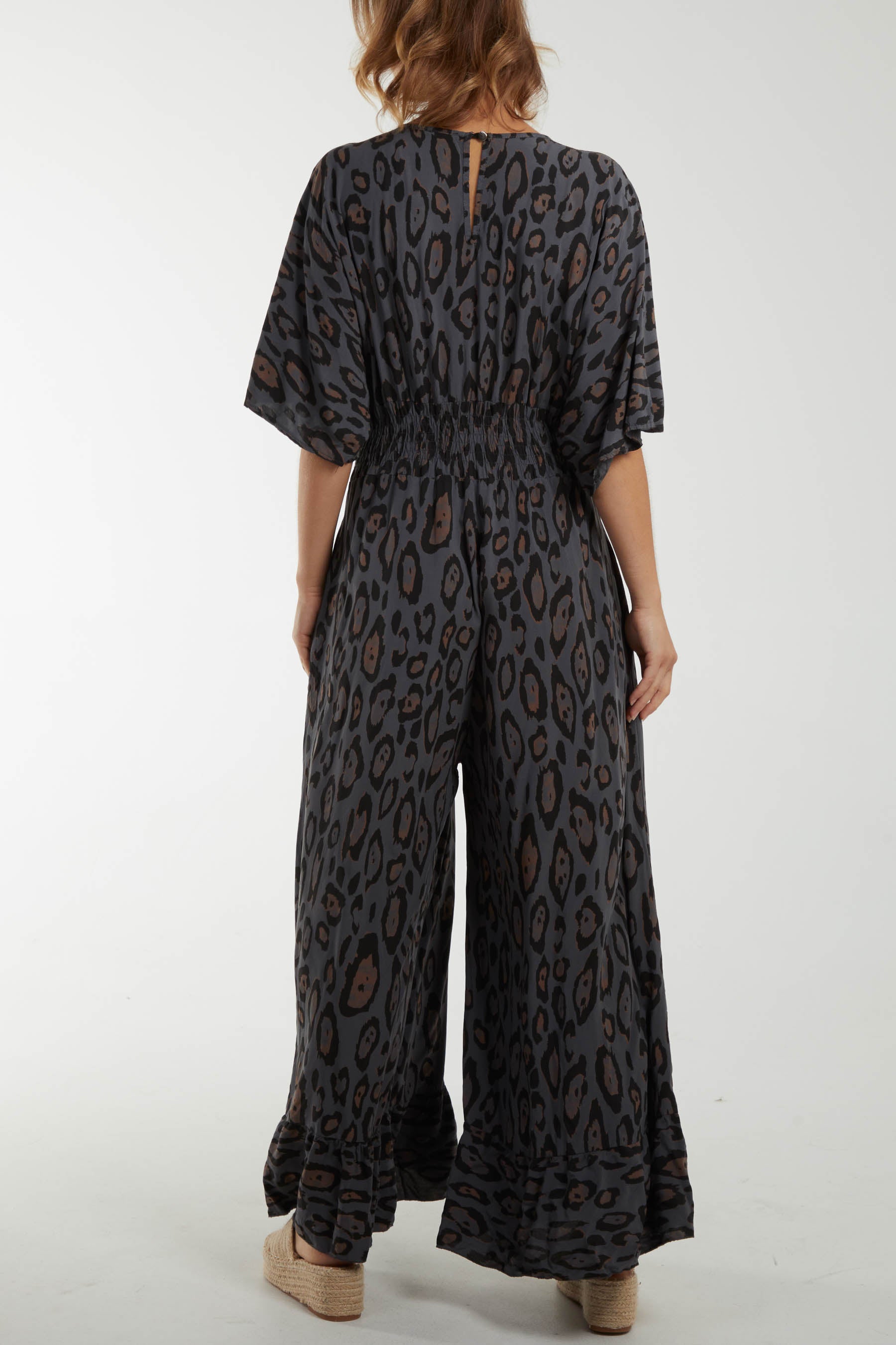 Leopard Wrap Front Shirred Bodice Jumpsuit