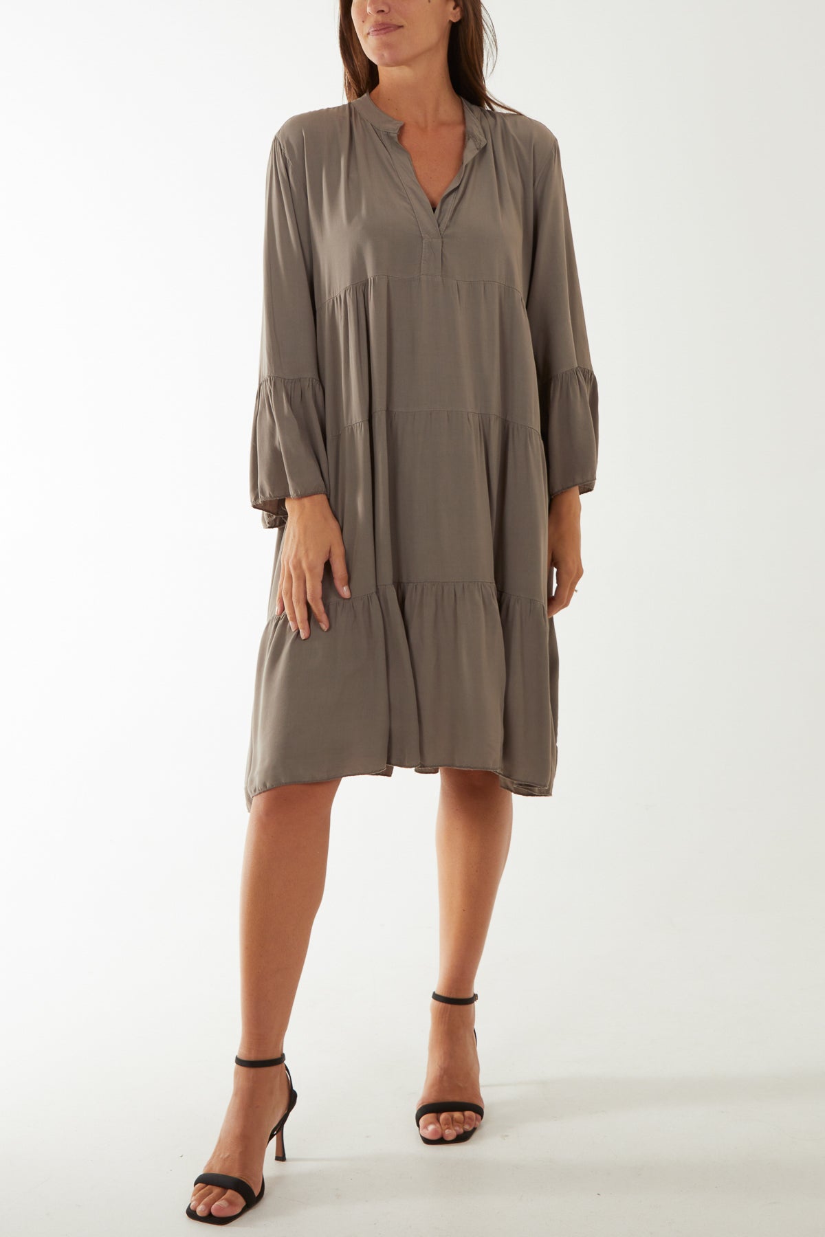 Open Collared Tiered Smock Dress