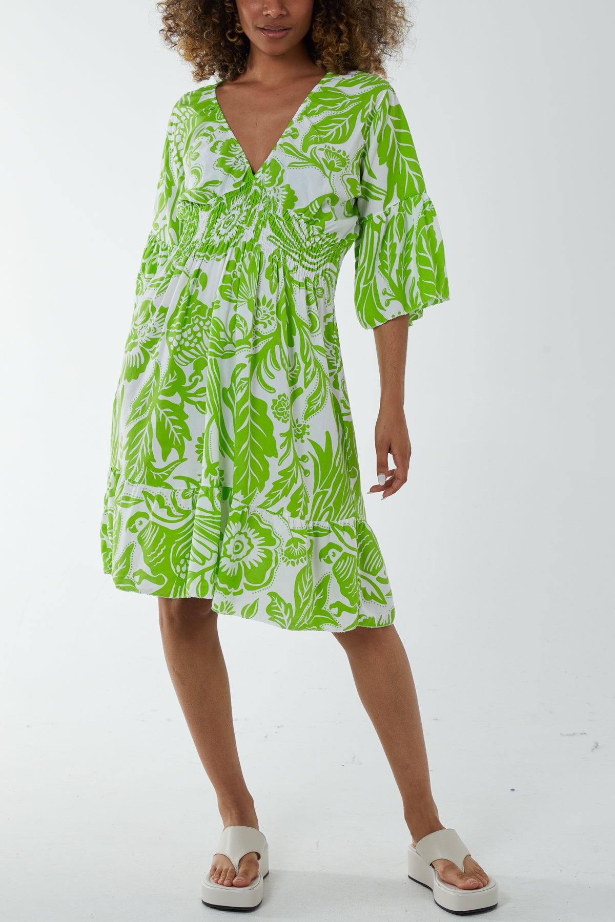 Monochromatic Floral Shirred Bodice Mini Dress