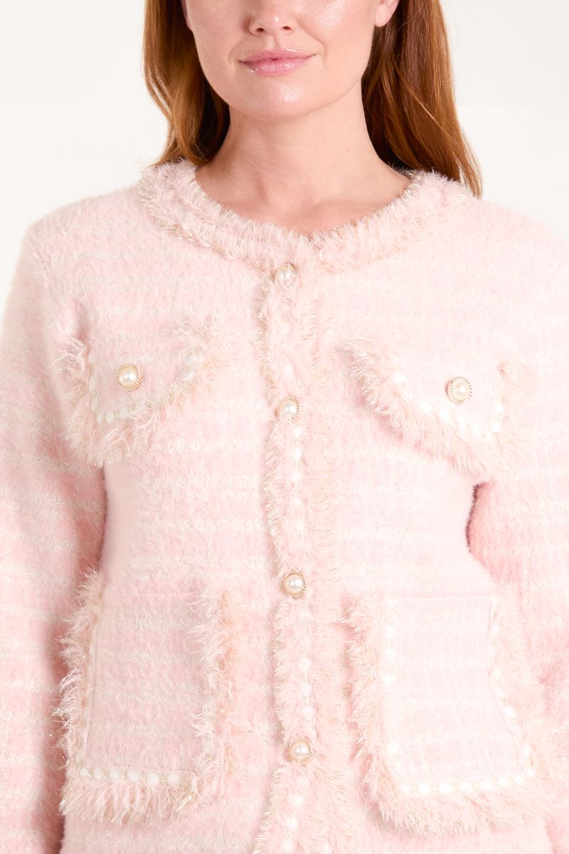 Pearl Button Check Knit Cardigan Jacket