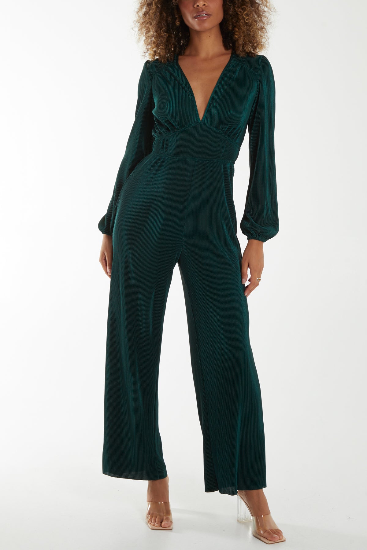 Plisse V Neck Elasticated Jumpsuit