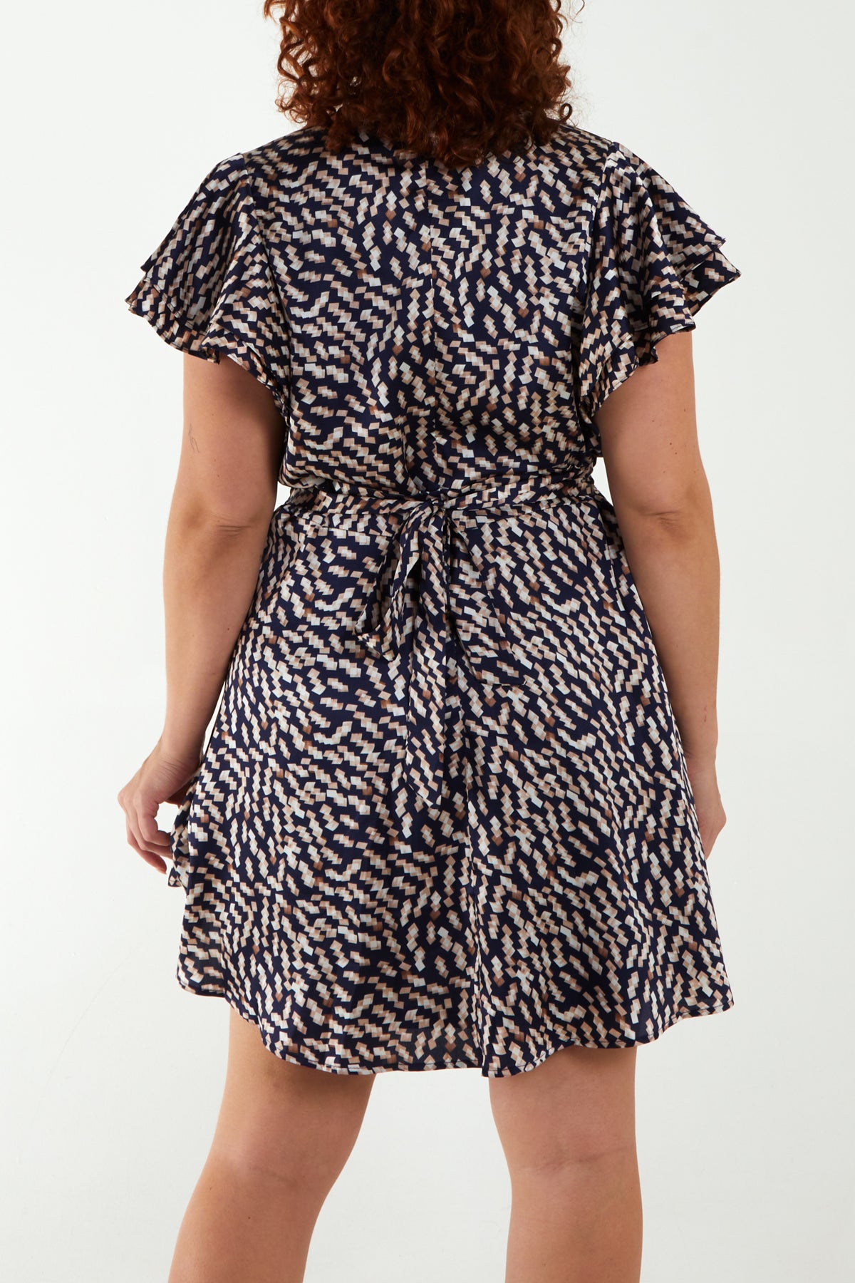 Curve Satin Geometric Wrap Ruffle Mini Dress