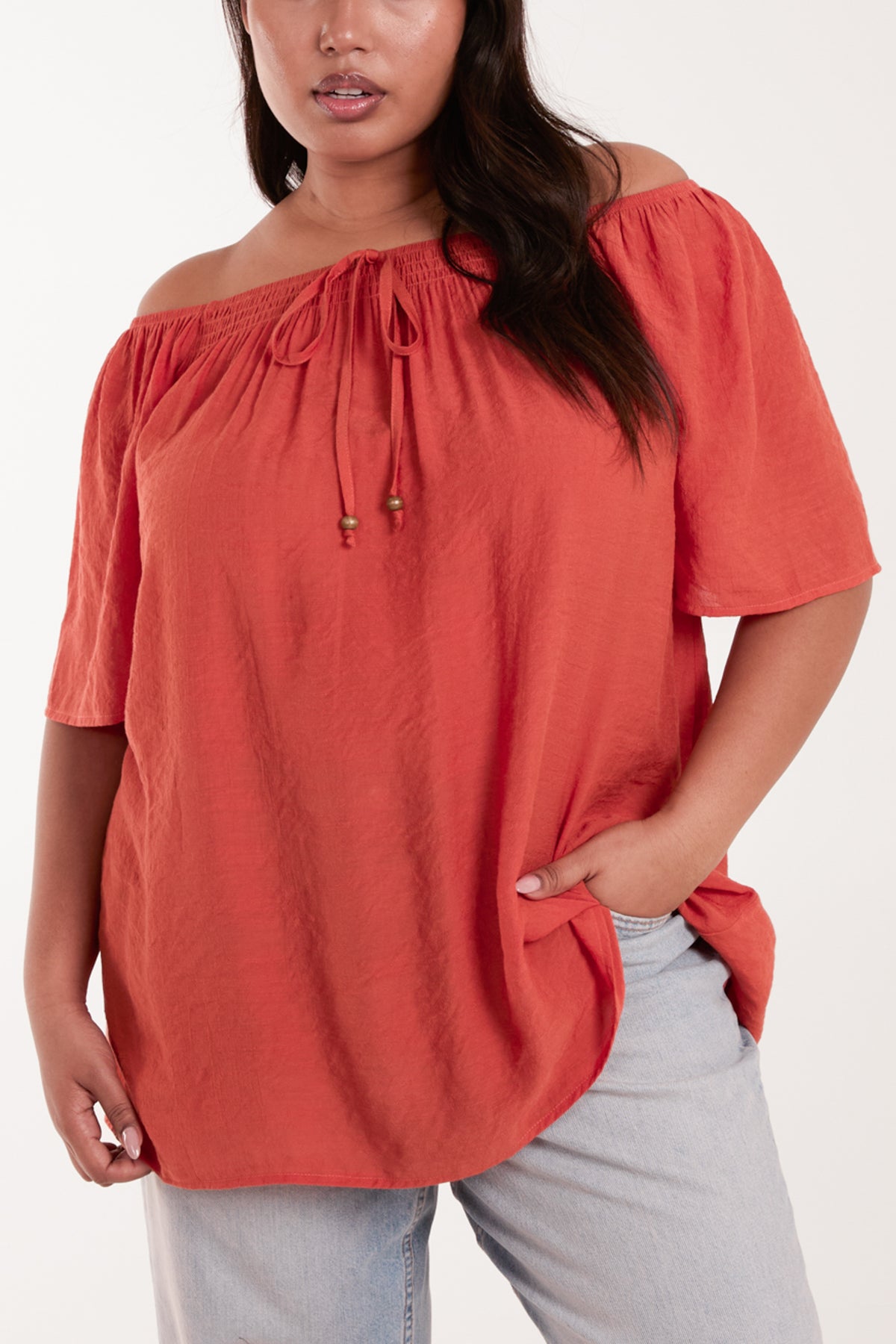 Curve Shirred Front Bardot Swing Top