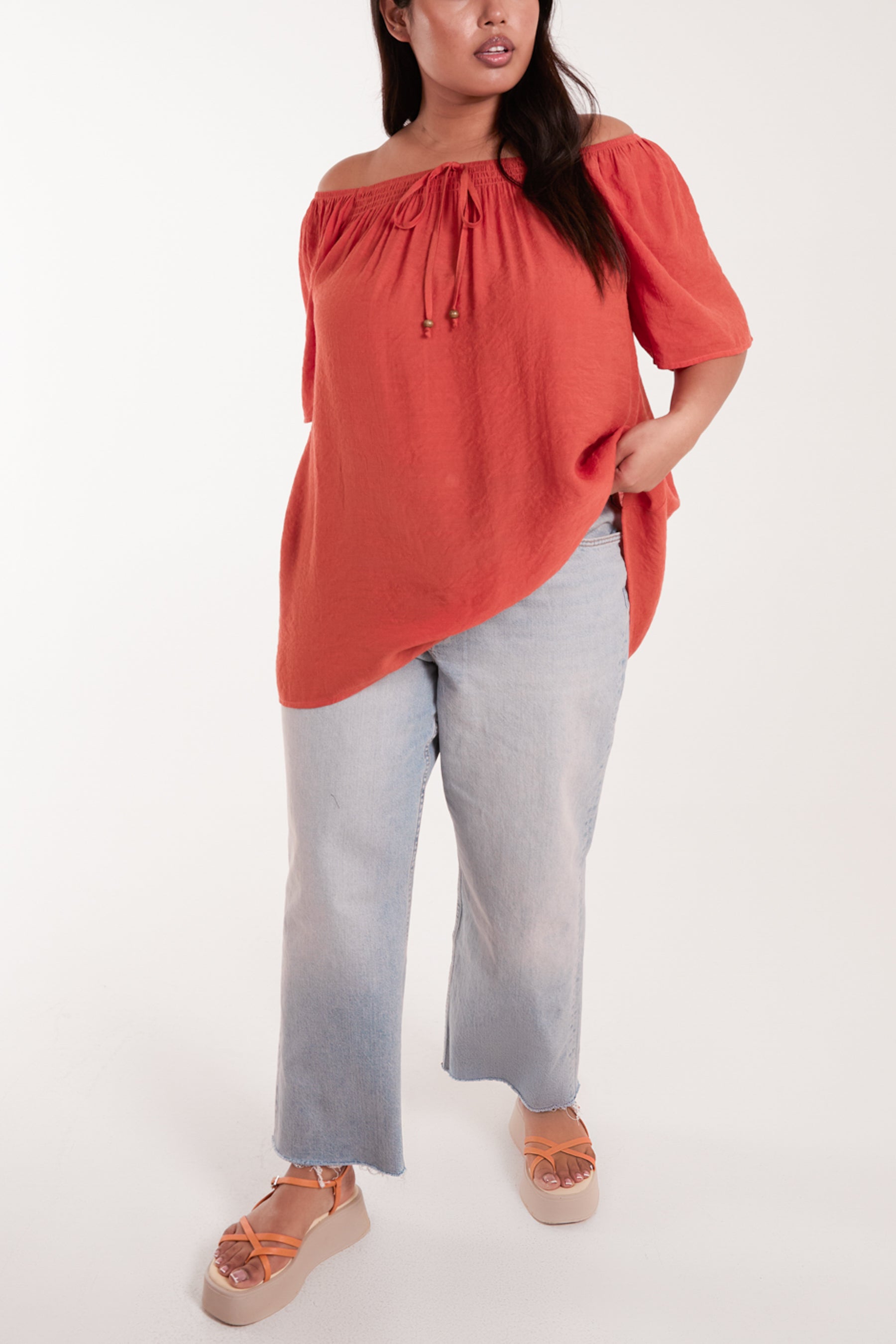 Curve Shirred Front Bardot Swing Top