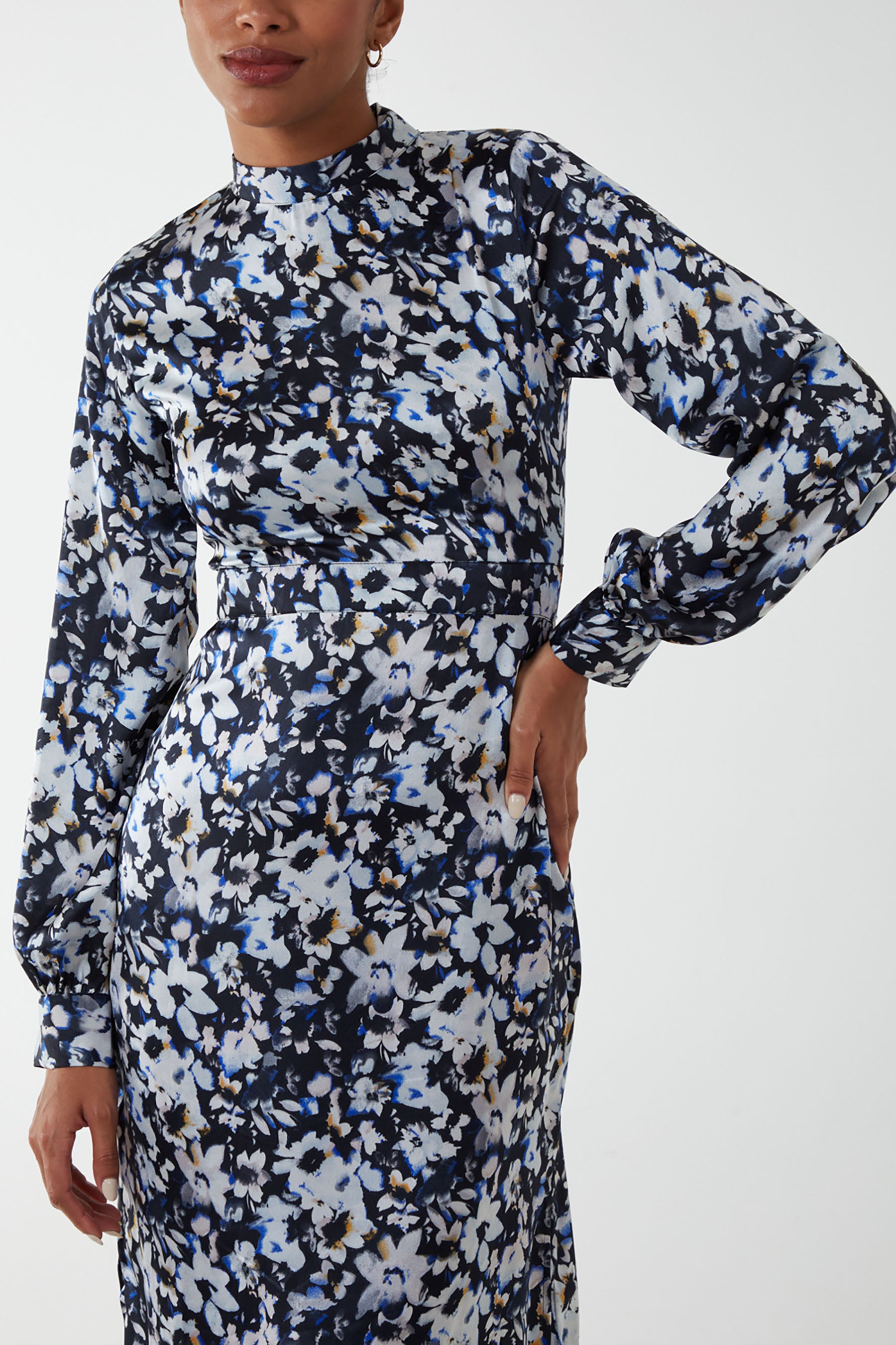 Floral Print High Neck Satin Midi Dress