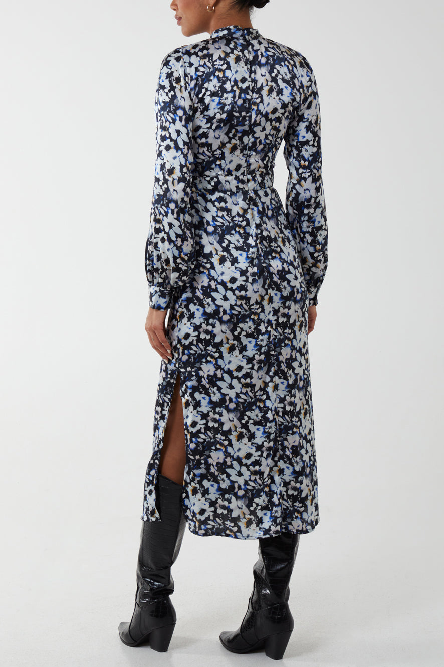 Floral Print High Neck Satin Midi Dress