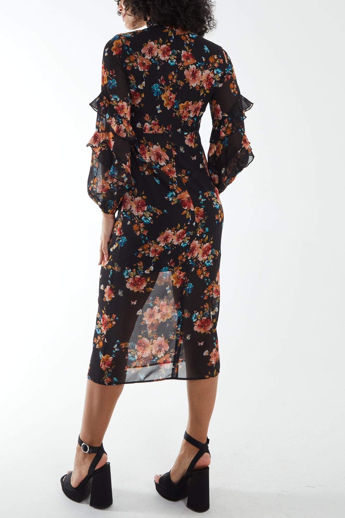 Ruffled Sleeve Floral Print Midi Dress