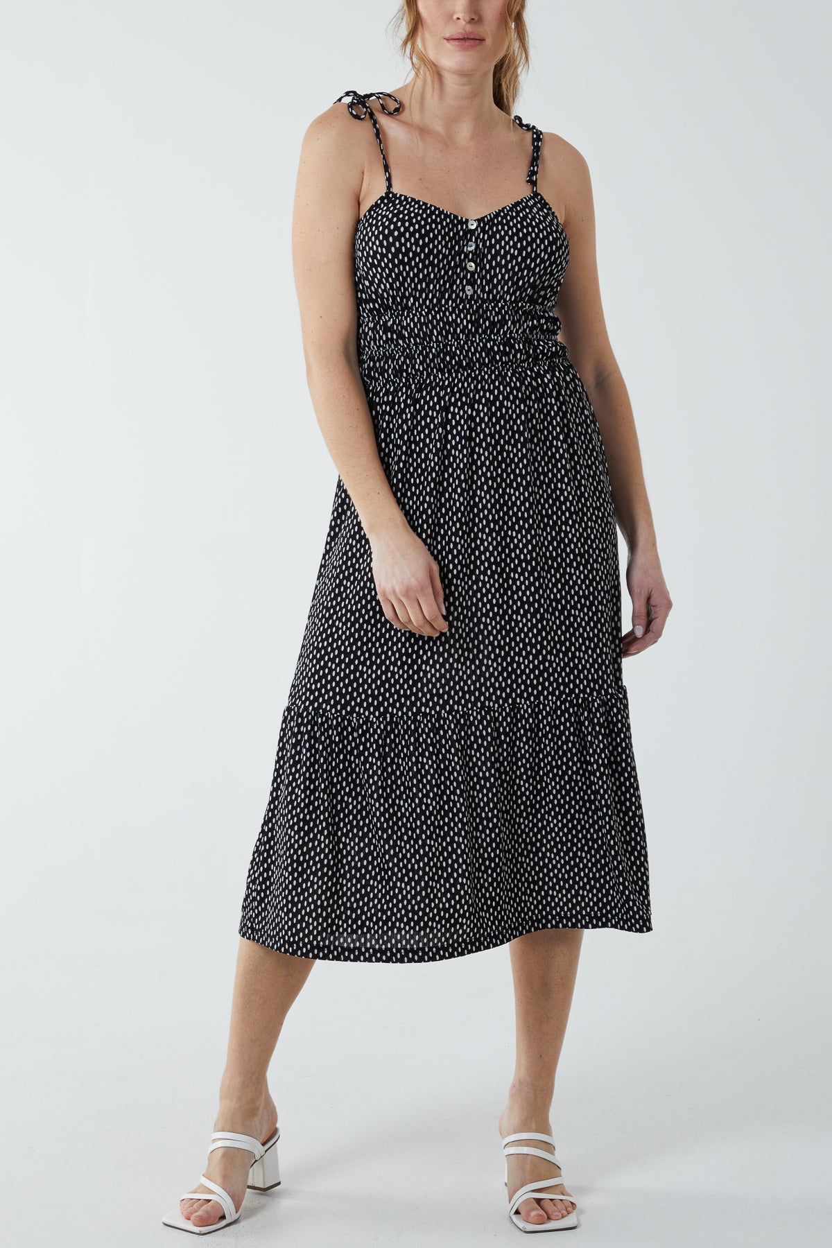 Strappy Elasticated Spotty Midi Dress