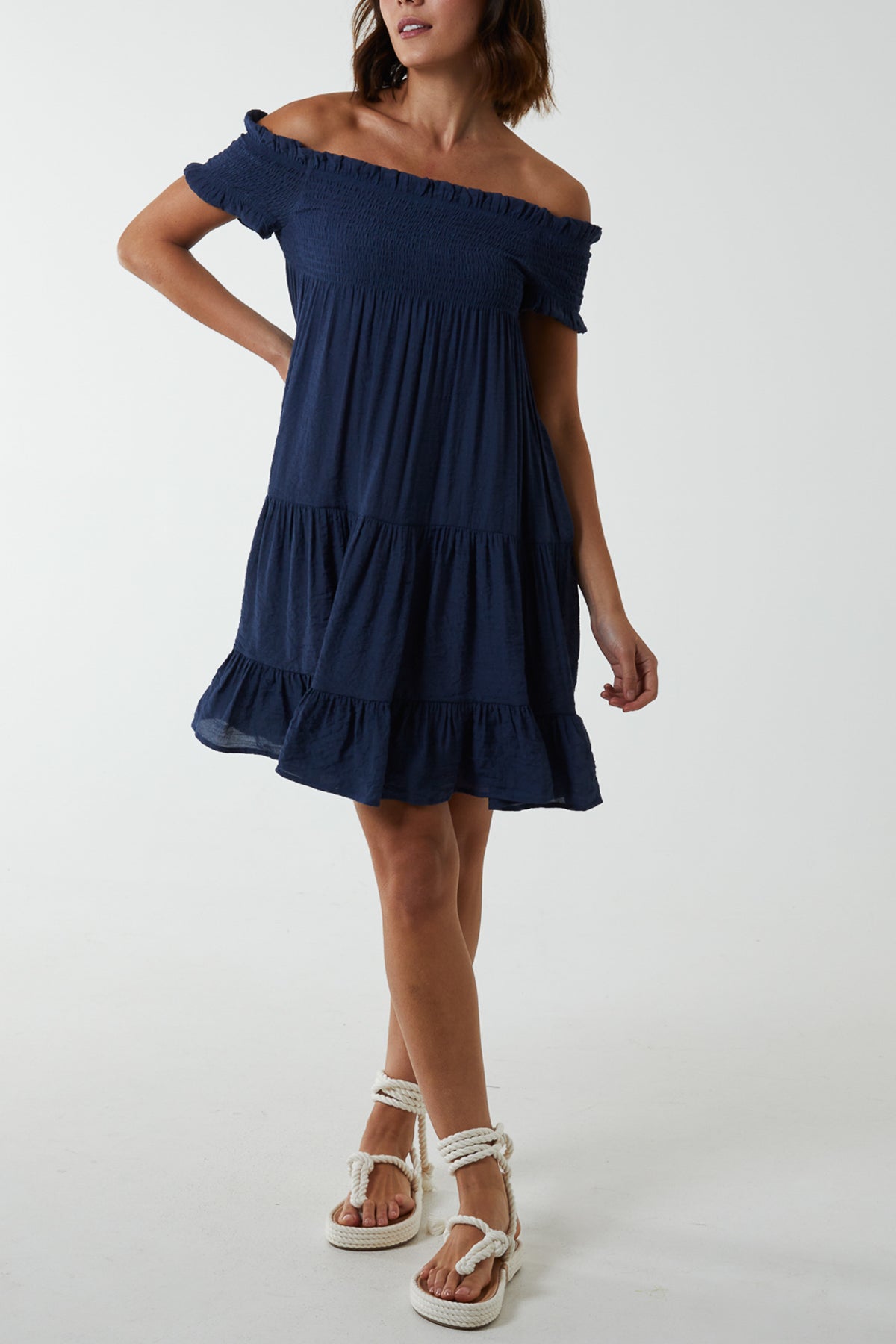 Bardot Shirred Floaty Mini Dress