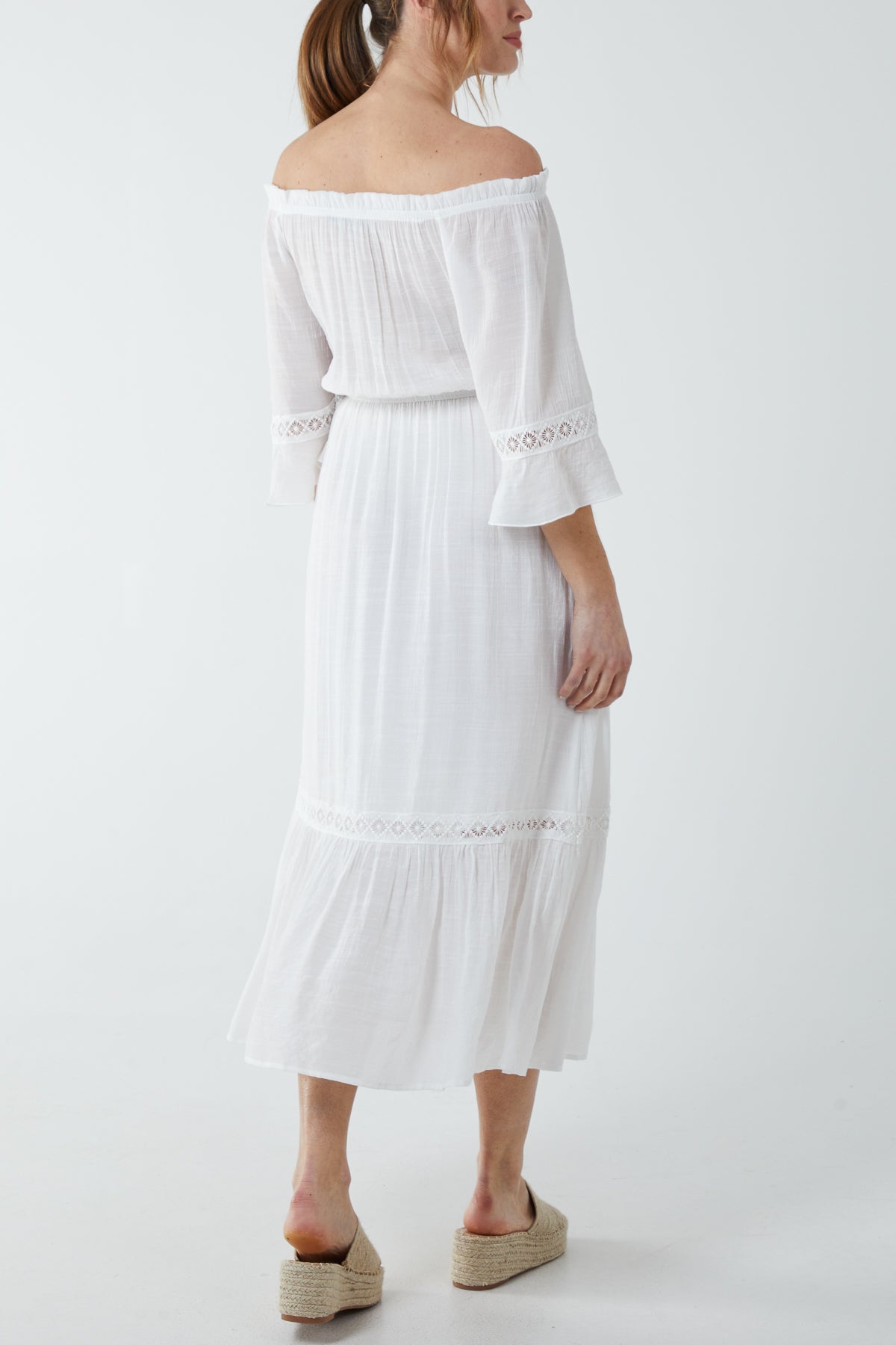 Shirred Bardot Lace Detail Maxi Dress