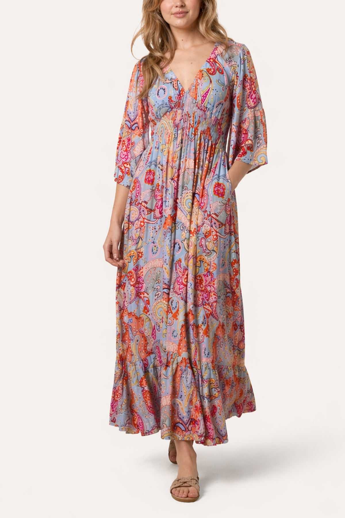 Abstract Paisley Viscose V Neck Midi Dress