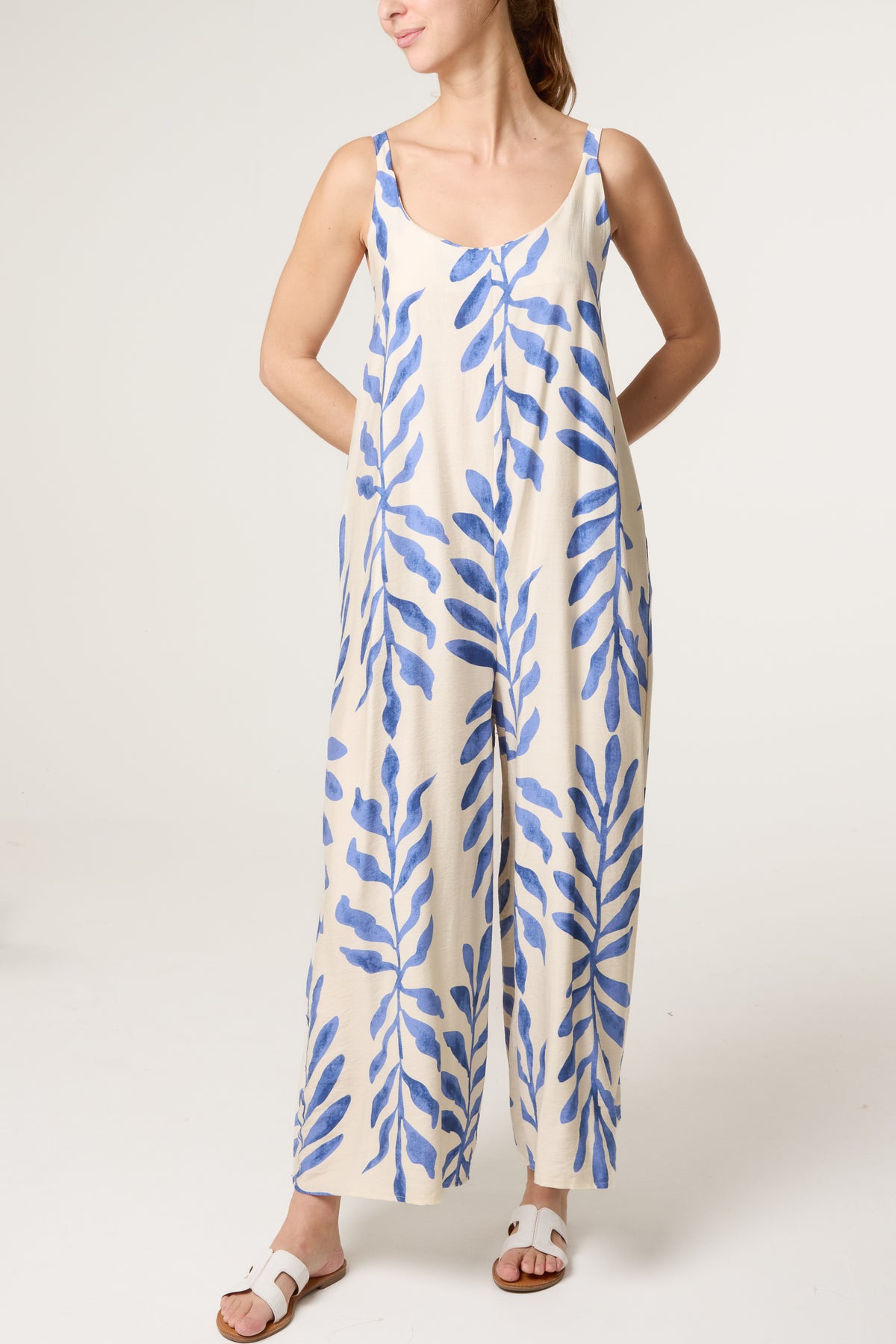 Leaf Print Wide-Leg Cami Jumpsuit