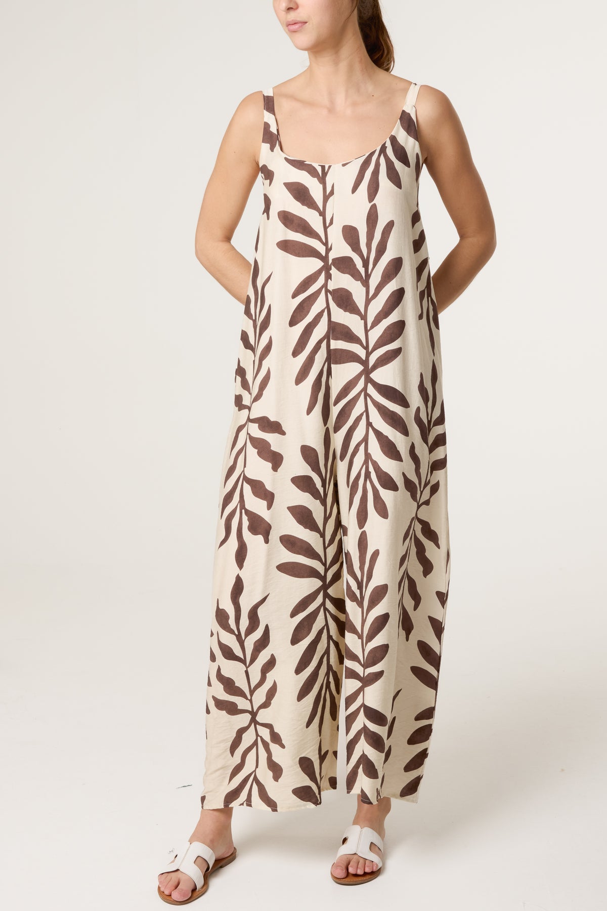 Leaf Print Wide-Leg Cami Jumpsuit