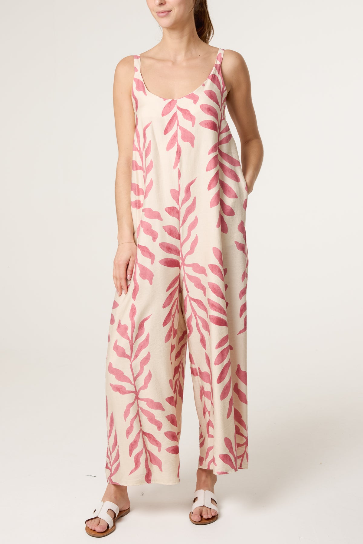 Leaf Print Wide-Leg Cami Jumpsuit