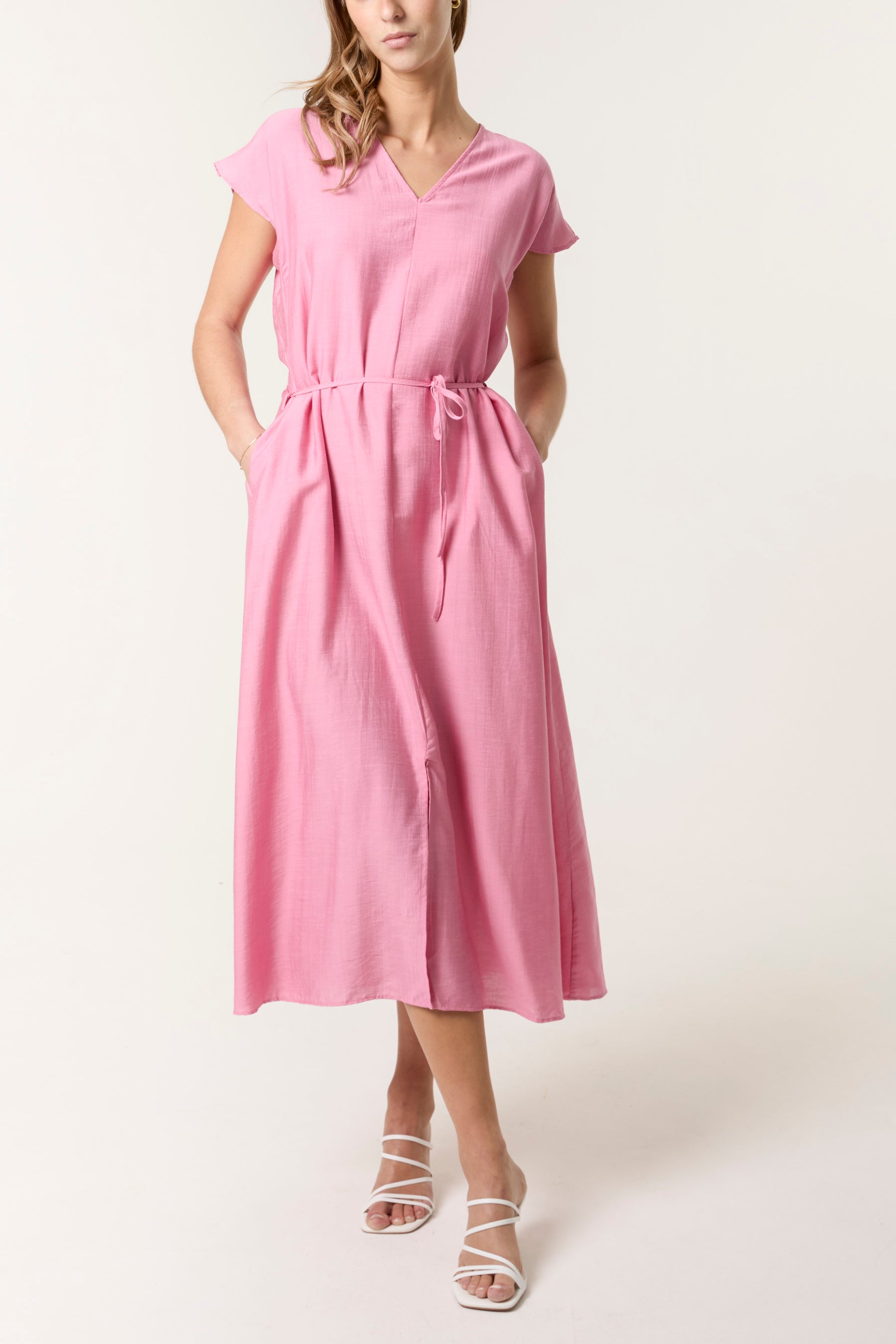 Front Slit Tie Belt Dress
