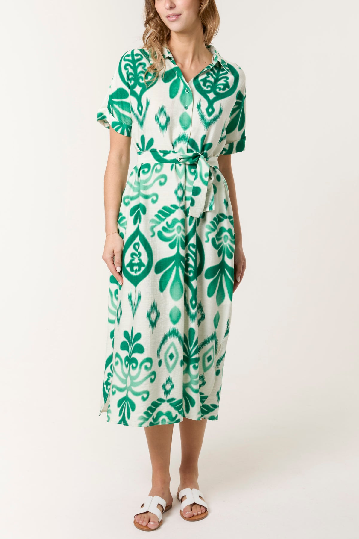 Ikat Button & Tie Front Midi Dress