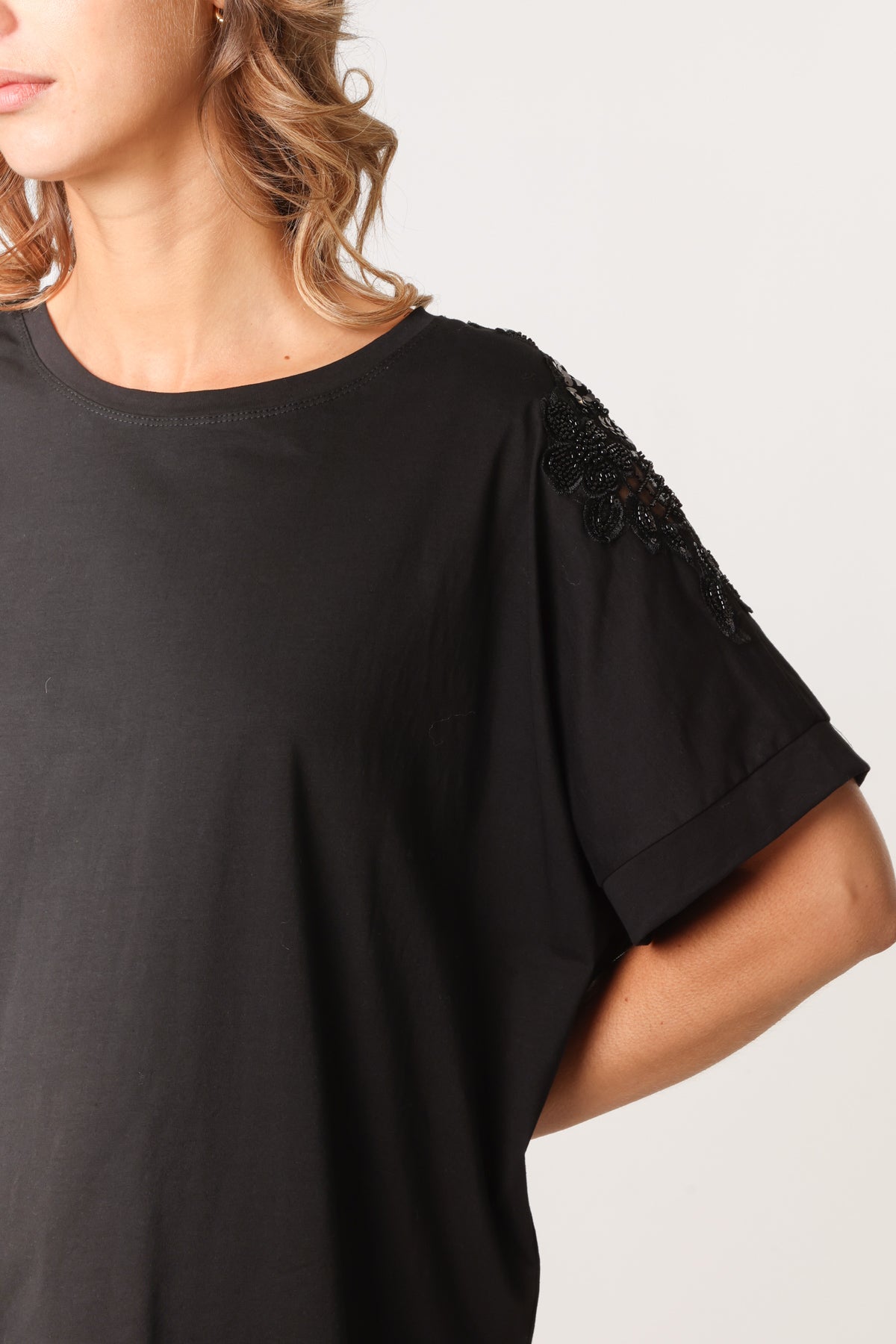 Floral Cut-Out Embellished Sleeve T-Shirt