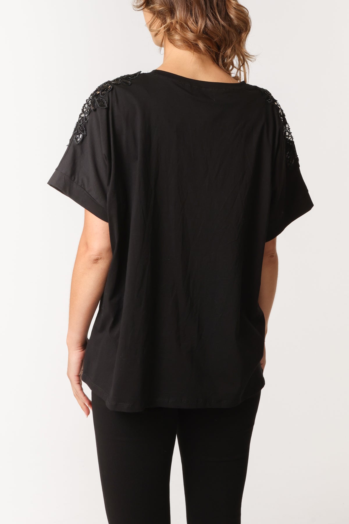 Floral Cut-Out Embellished Sleeve T-Shirt