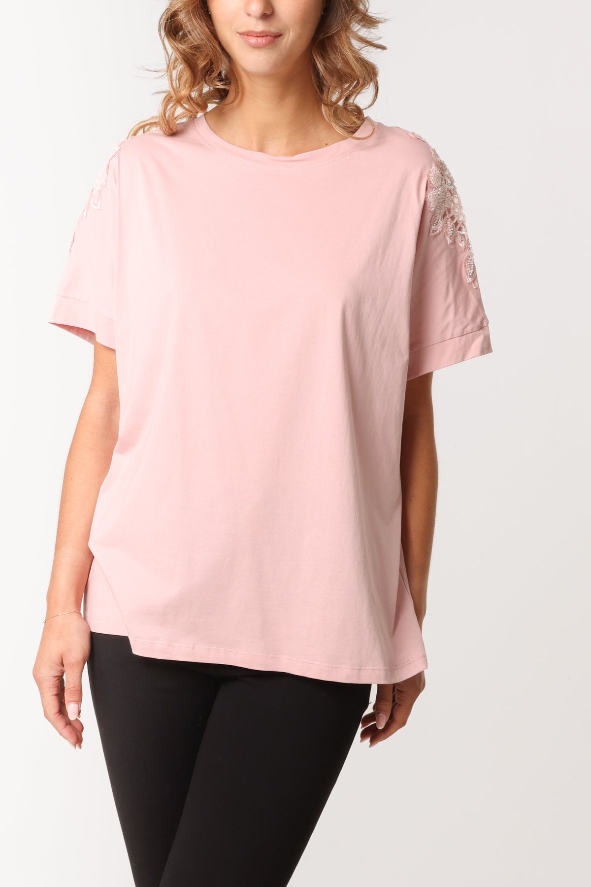 Floral Cut-Out Embellished Sleeve T-Shirt