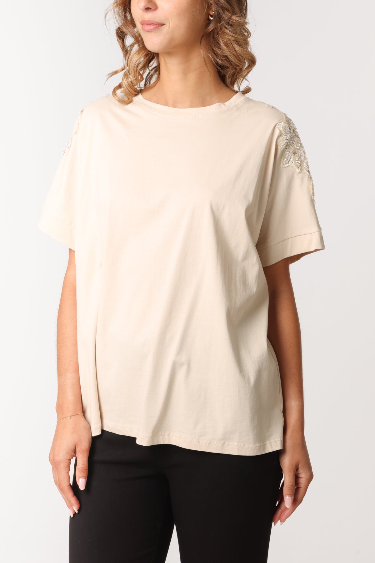 Floral Cut-Out Embellished Sleeve T-Shirt