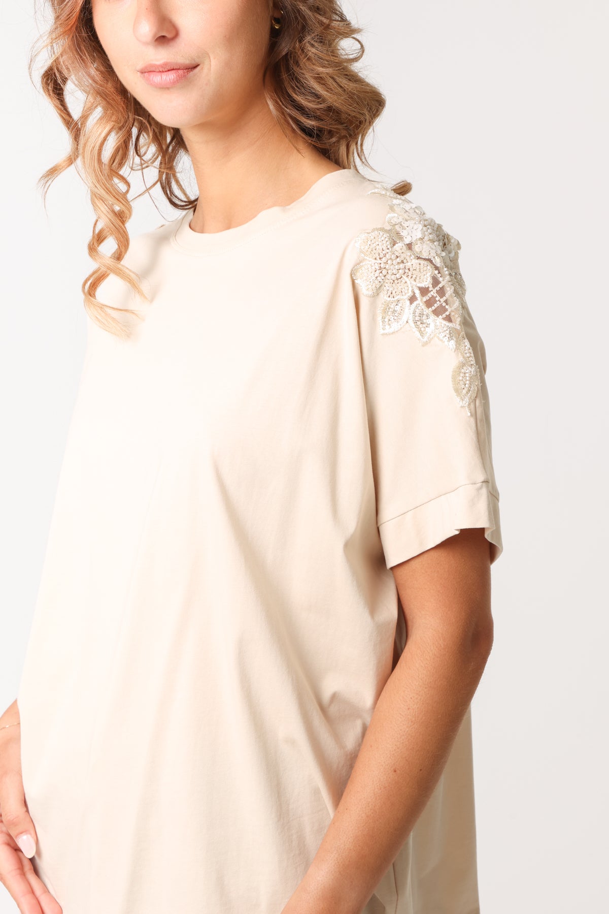 Floral Cut-Out Embellished Sleeve T-Shirt