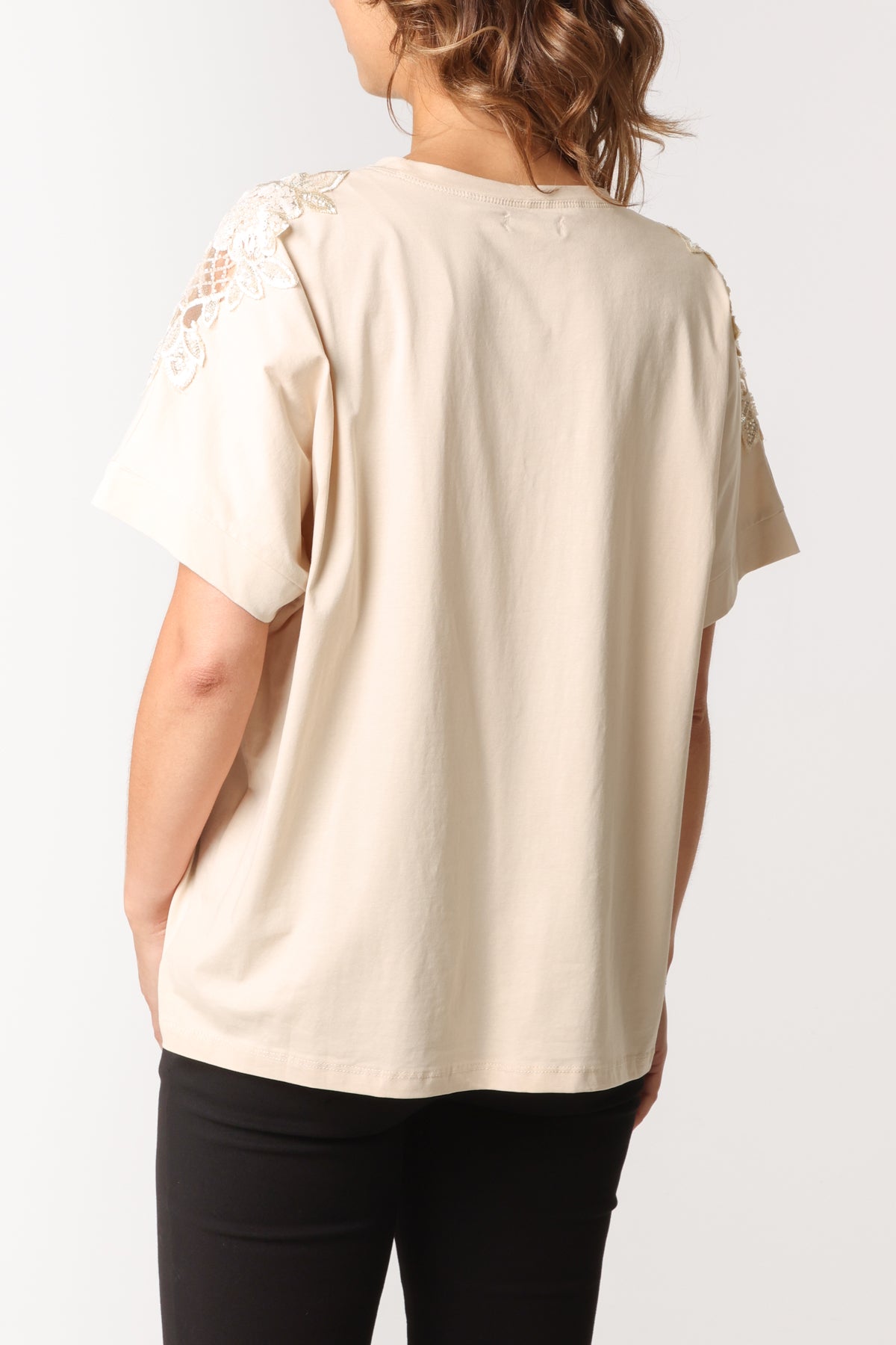 Floral Cut-Out Embellished Sleeve T-Shirt