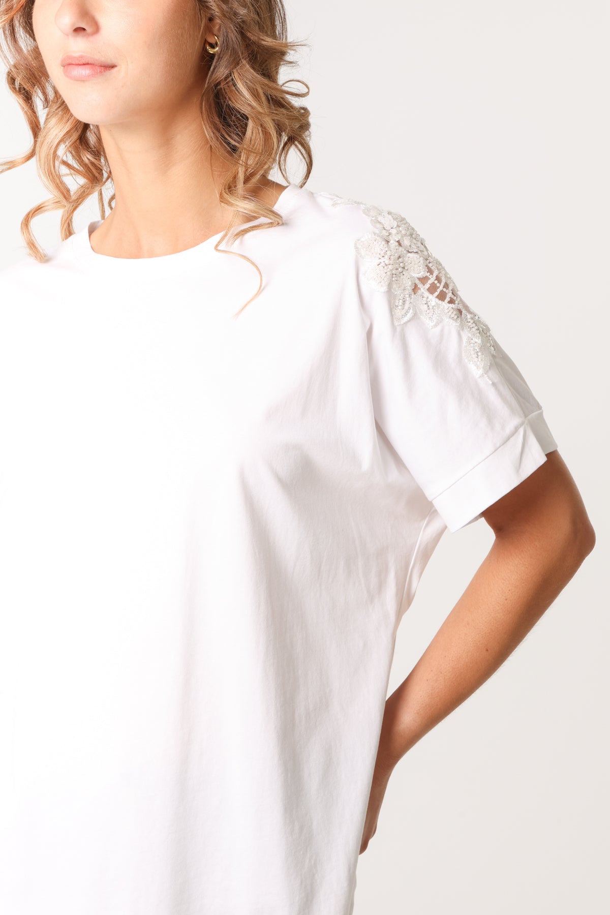 Floral Cut-Out Embellished Sleeve T-Shirt