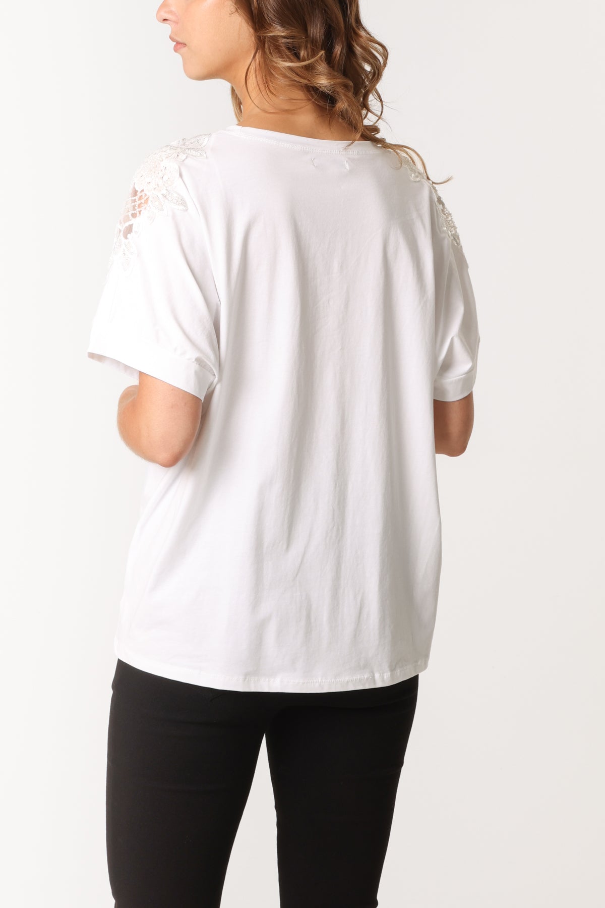 Floral Cut-Out Embellished Sleeve T-Shirt