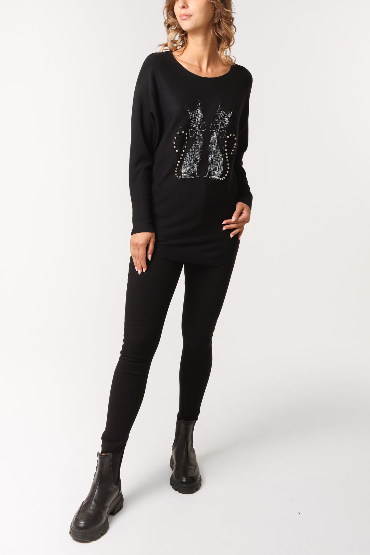 Embellished Cat Round Neck Jumper