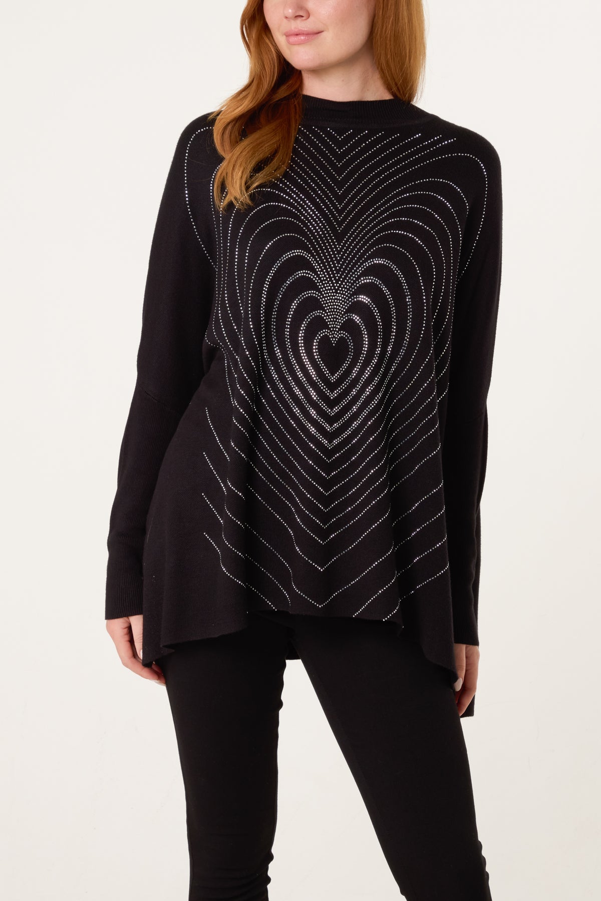 Batwing Diamante Heart High Neck Jumper